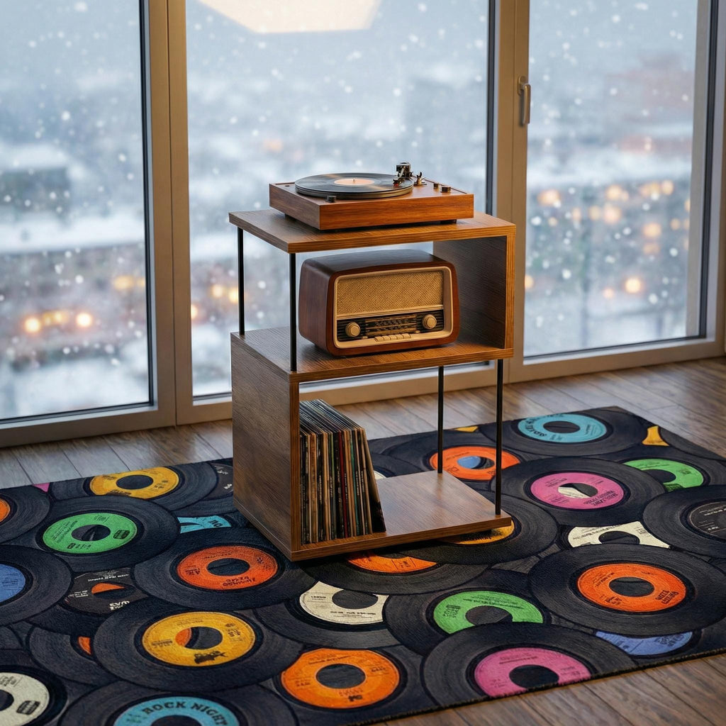 Compact record stand, plywood vinyl setup stand, small media console