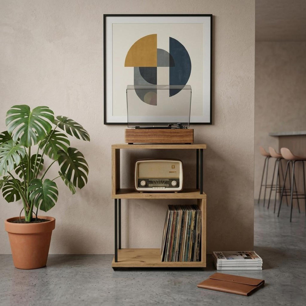 Name Record Rack, Oak Look, Compact LP Stand, Minimal Vinyl Shelf
