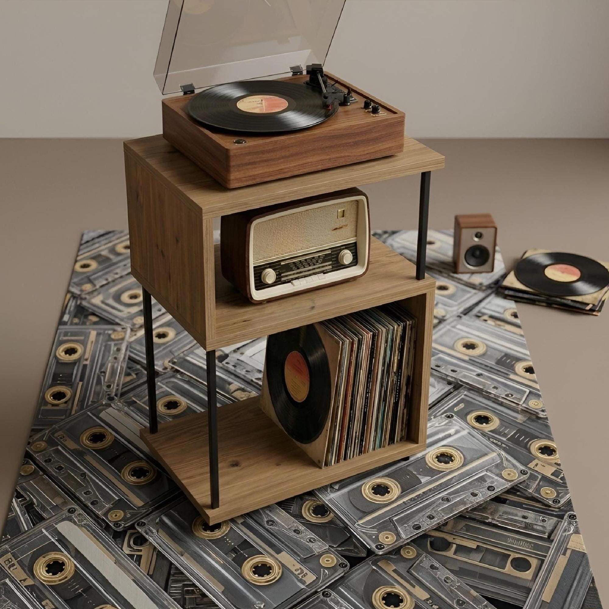 Name Record Rack, Oak Look, Compact LP Stand, Minimal Vinyl Shelf