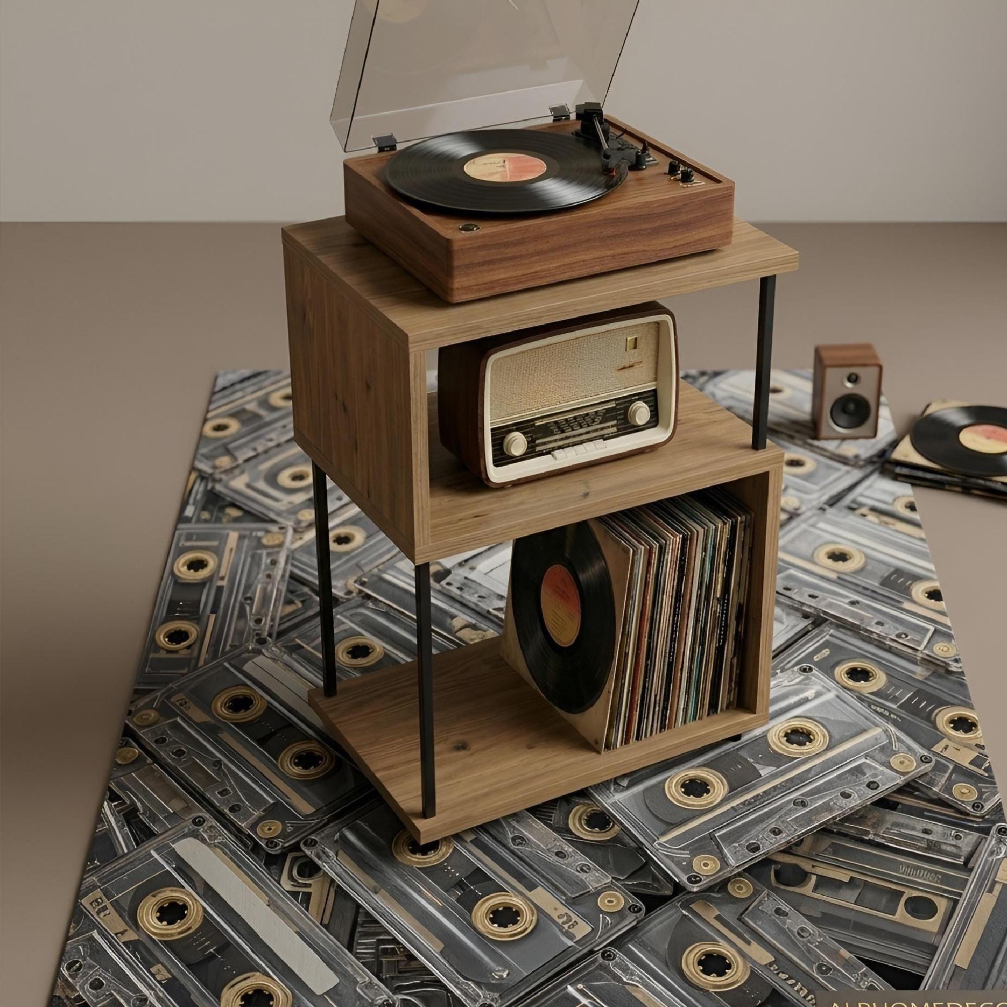 Compact record stand, plywood vinyl setup stand, small media console