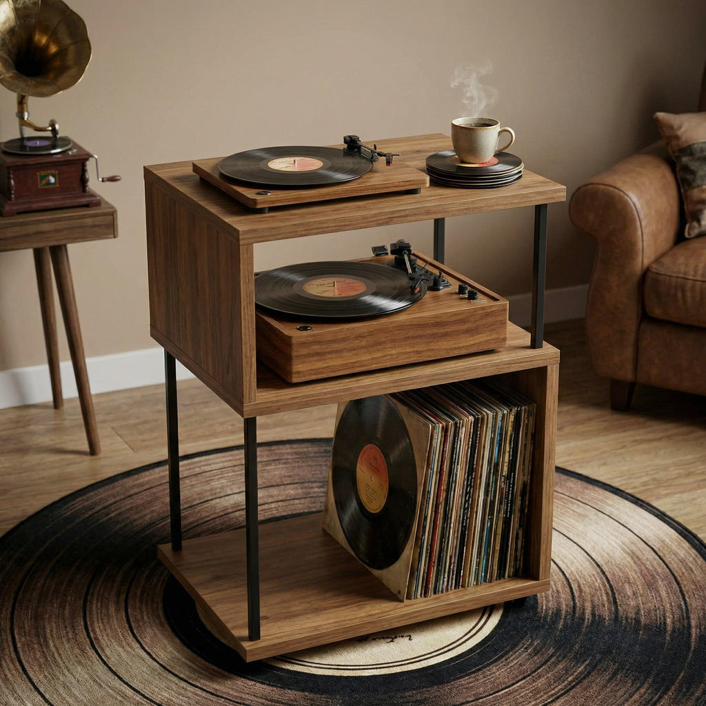Record player stand with LP storage, small vinyl display unit