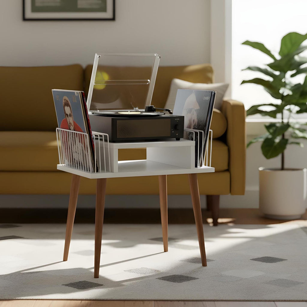 Handmade Mid-Century Modern White Record Player Stand: Vinyl Storage, lp holder wood metal.