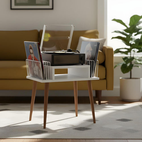 Handmade Mid-Century Modern White Record Player Stand: Vinyl Storage, lp holder wood metal.