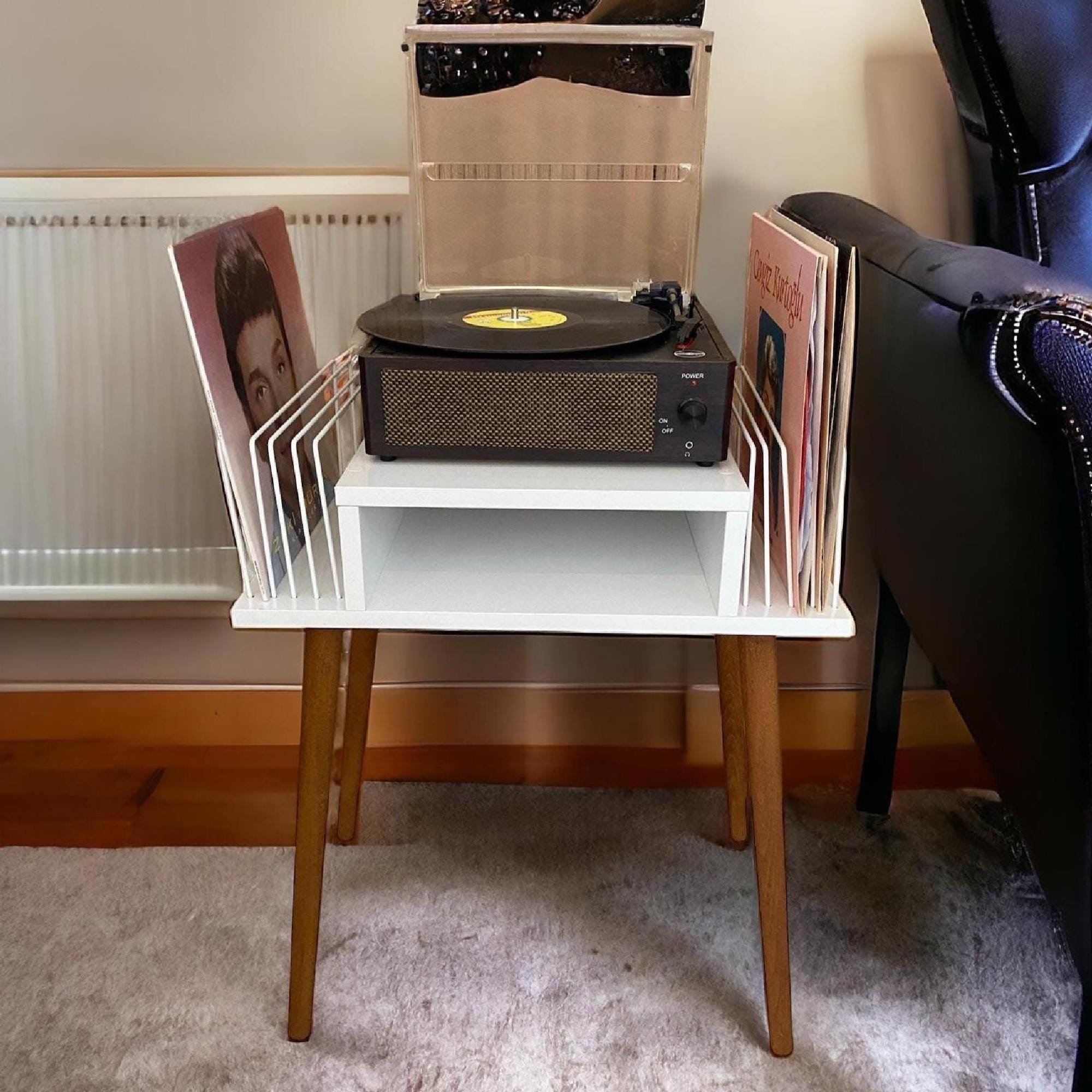 Handmade Mid-Century Modern White Record Player Stand: Vinyl Storage, lp holder wood metal.