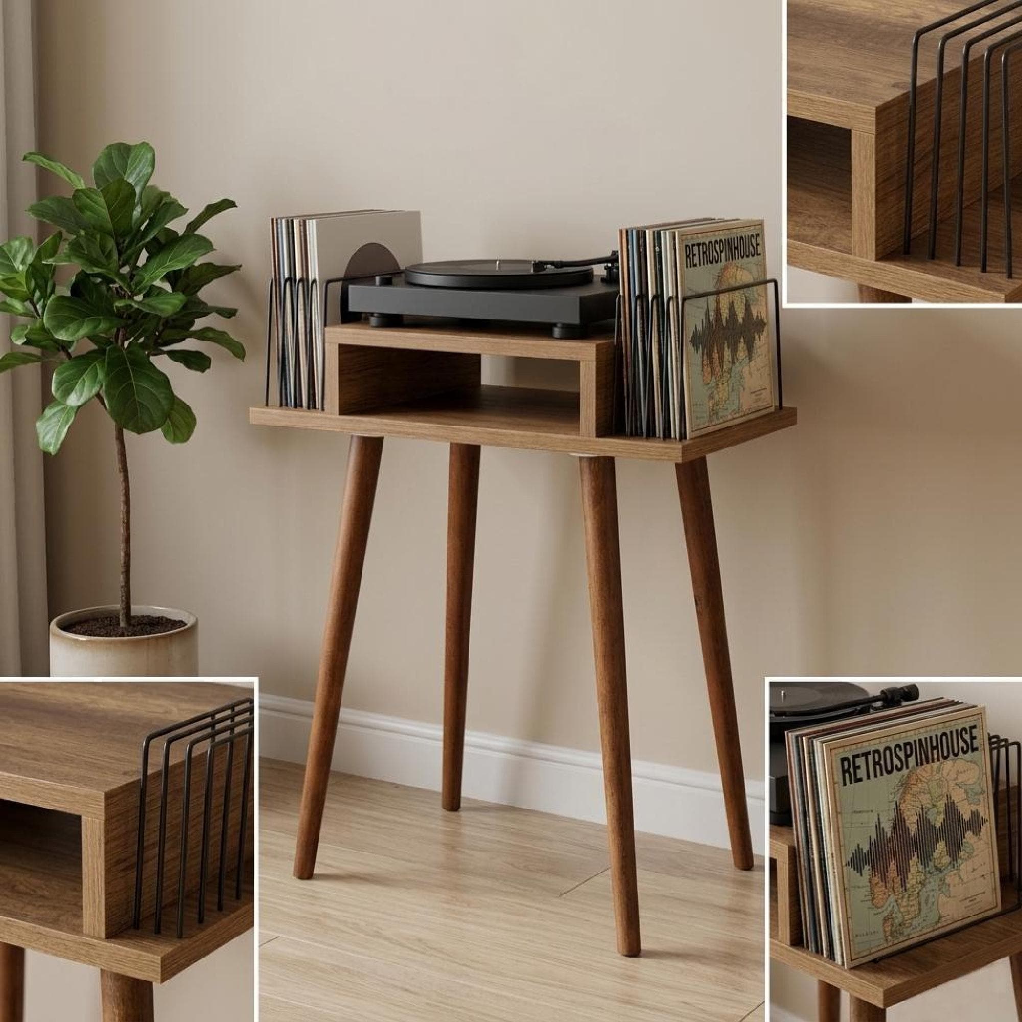 Mid Century Turntable Stand, Slim Record Shelf, Compact LP Stand, Minimal Wooden Unit