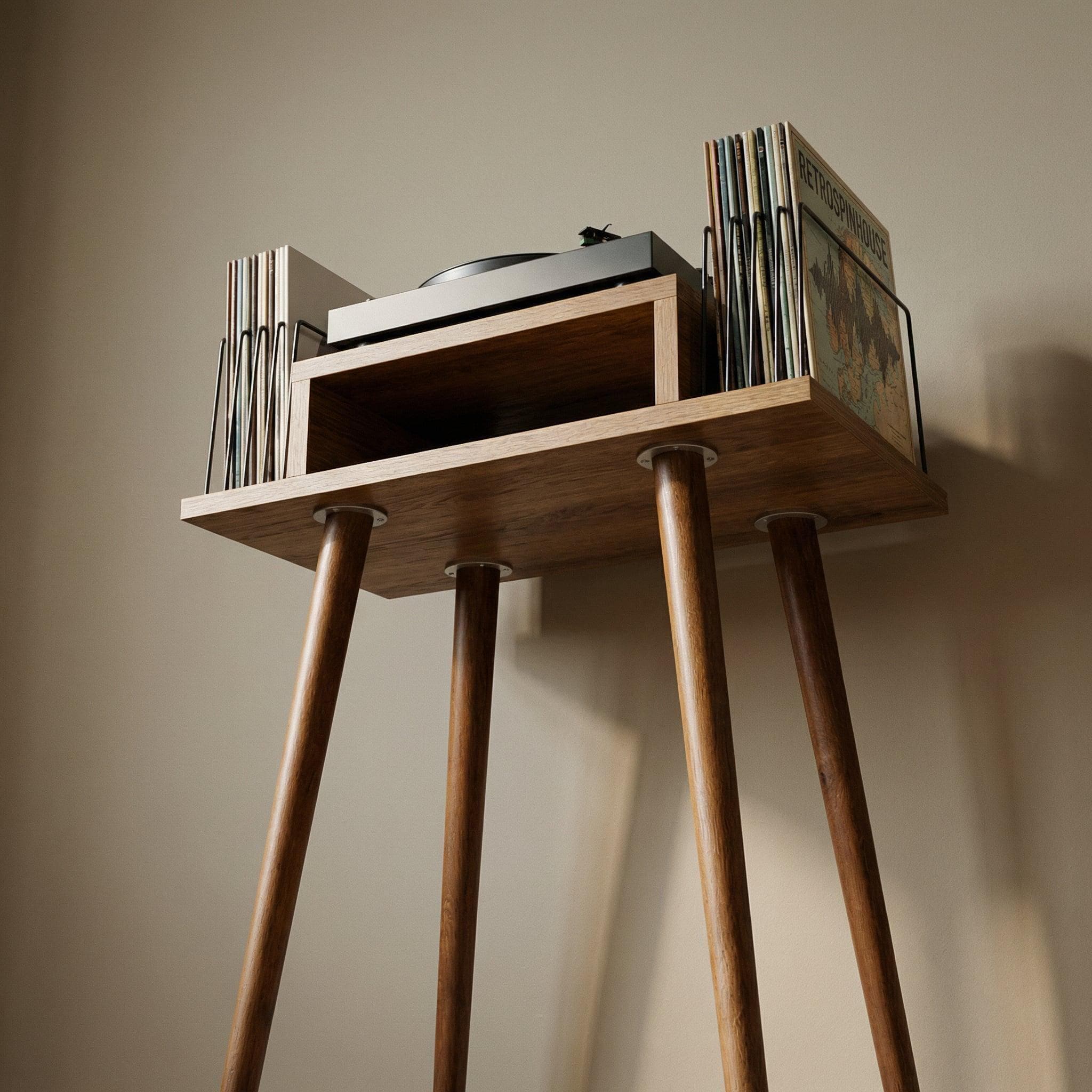 Mid Century Turntable Stand, Slim Record Shelf, Compact LP Stand, Minimal Wooden Unit