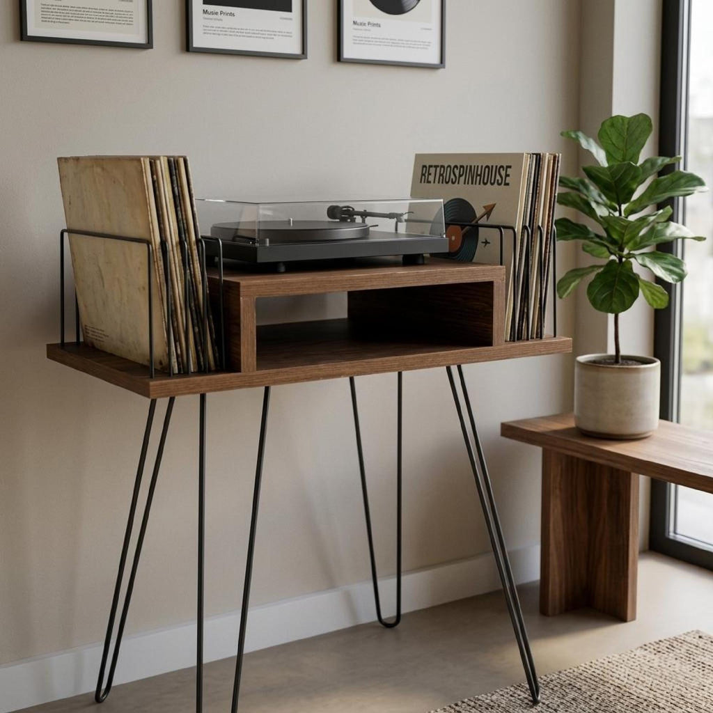 Mid Century Turntable Stand, Slim Record Shelf, Compact LP Stand, Minimal Wooden Unit