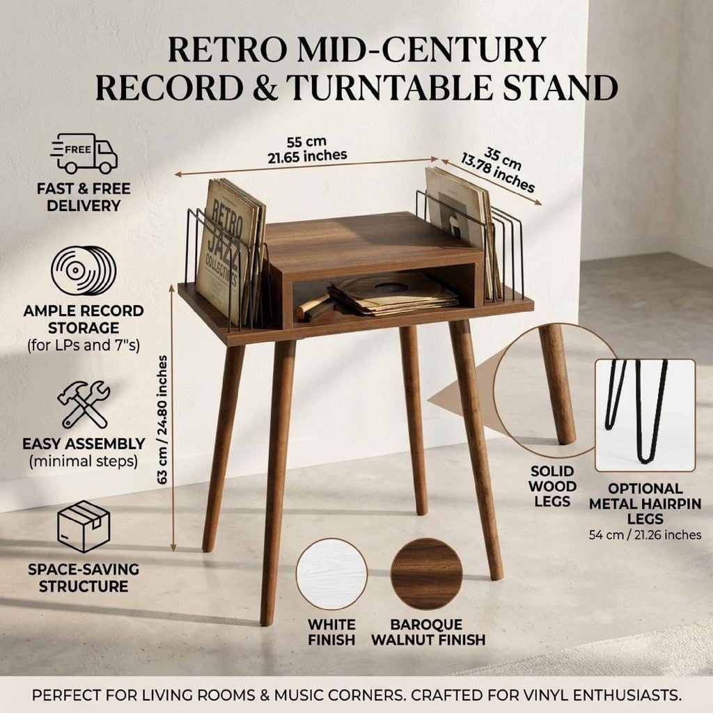 Mid Century Turntable Stand, Slim Record Shelf, Compact LP Stand, Minimal Wooden Unit