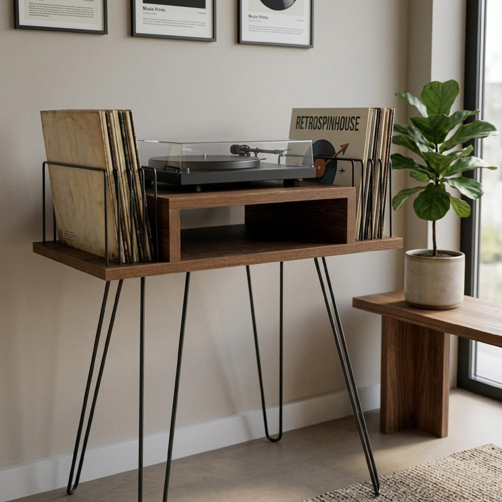 Mid Century Modern White Record Player Stand, Vinyl Storage Cabinet,  lp organizer stand
