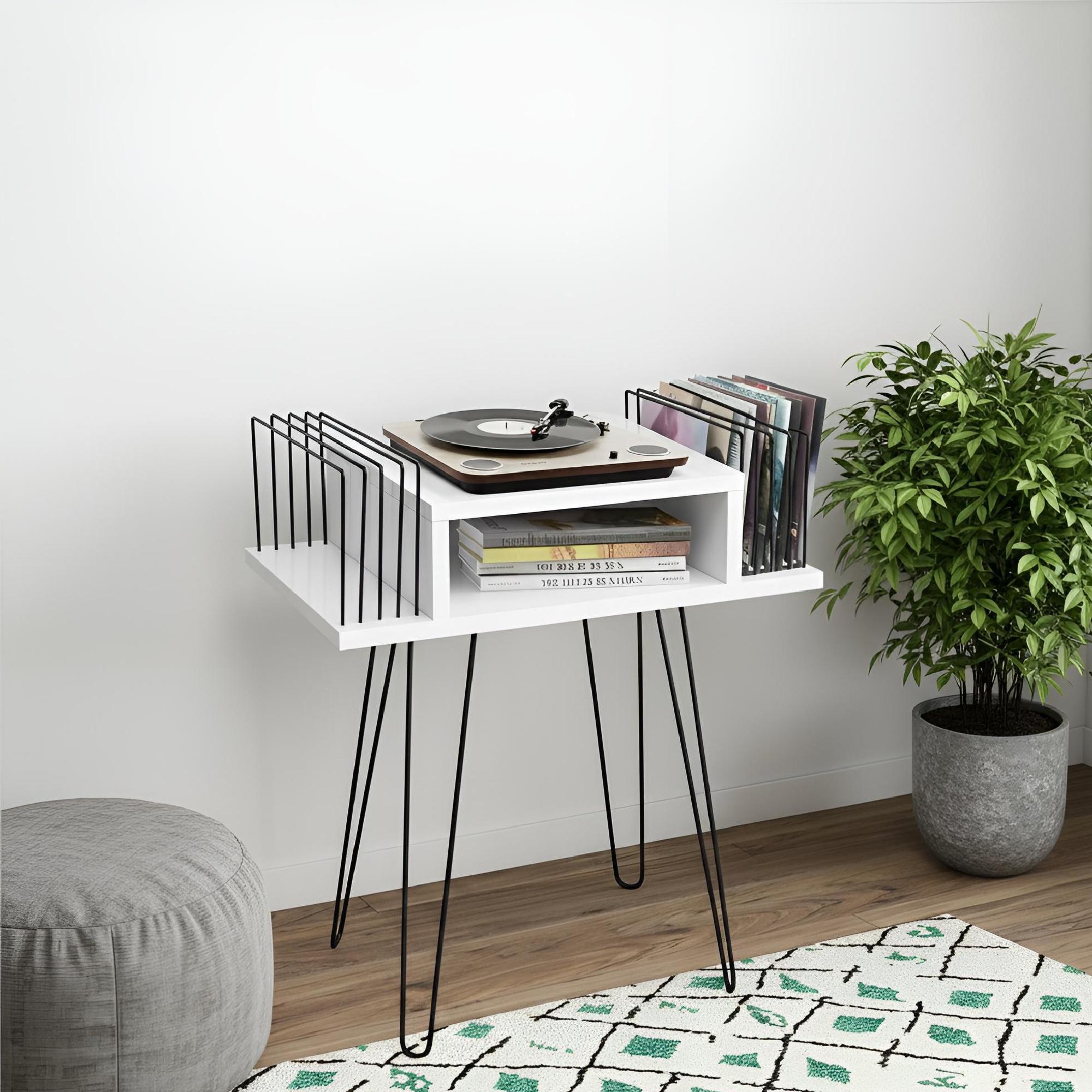 Mid Century Modern White Record Player Stand, Vinyl Storage Cabinet,  lp organizer stand