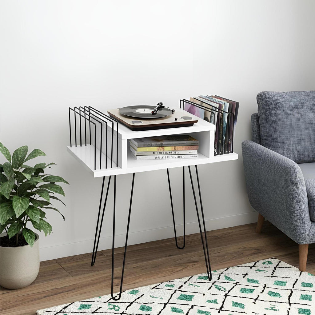 Mid Century Modern White Record Player Stand, Vinyl Storage Cabinet,  lp organizer stand
