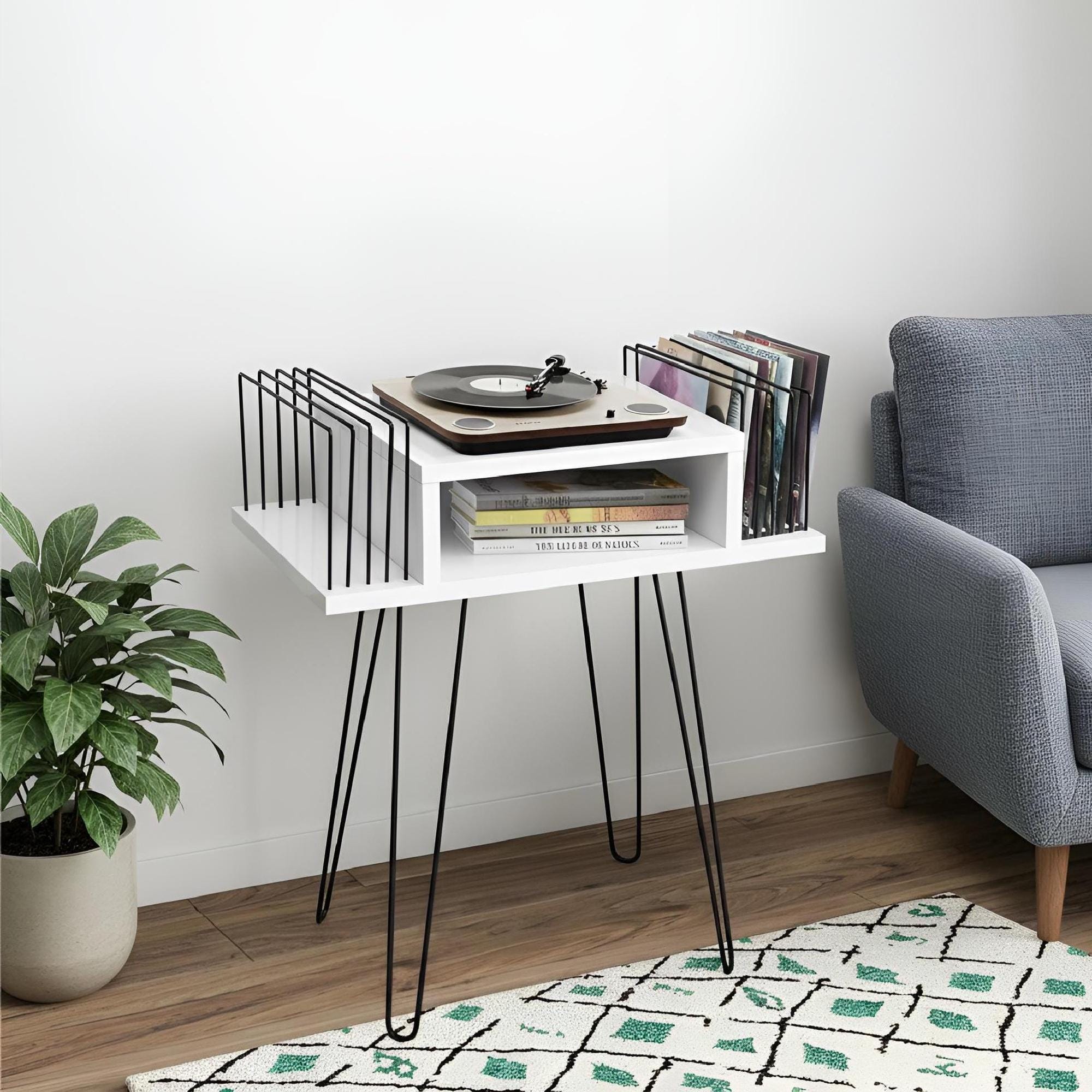 Mid Century Modern White Record Player Stand, Vinyl Storage Cabinet,  lp organizer stand