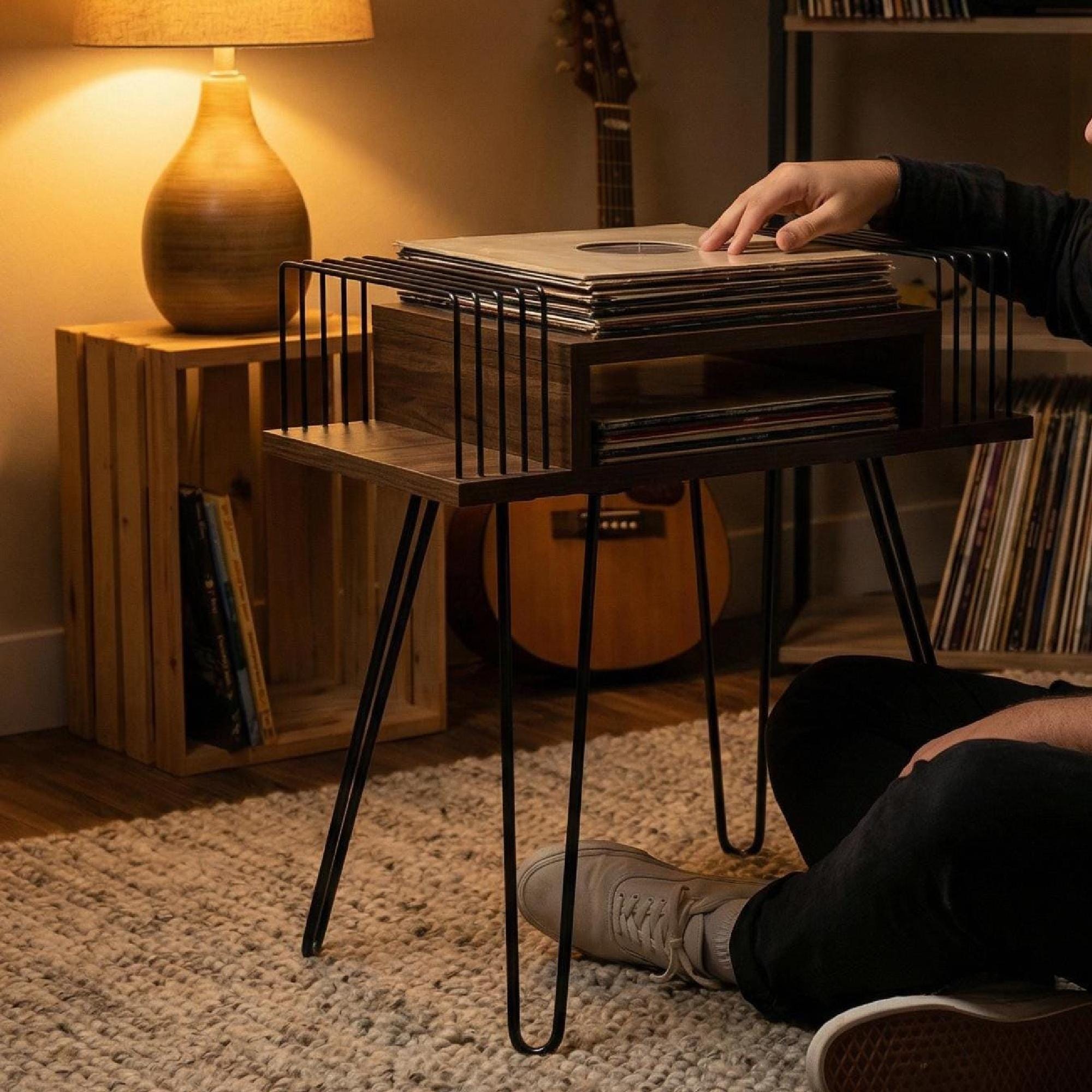 Handmade Vinyl storage unit, lp holder wood metal, Retro sidetable : Mid Century Record Stand.