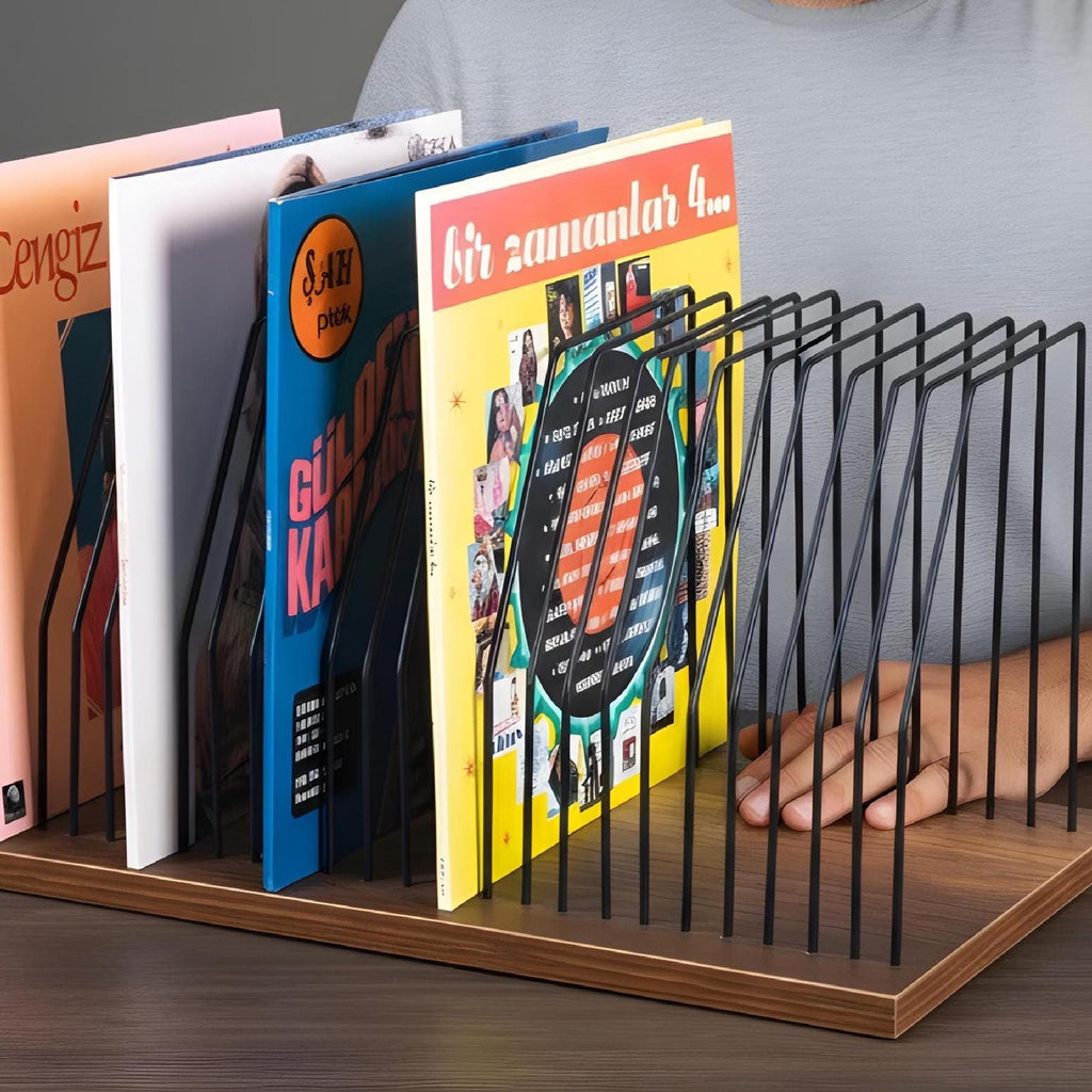 Mid Century Modern Vinyl Record Stand: Wood Base Metal LP Holder