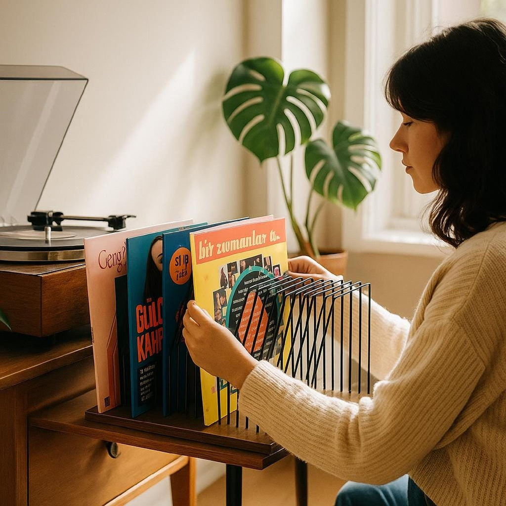 Mid Century Modern Vinyl Record Stand: Wood Base Metal LP Holder