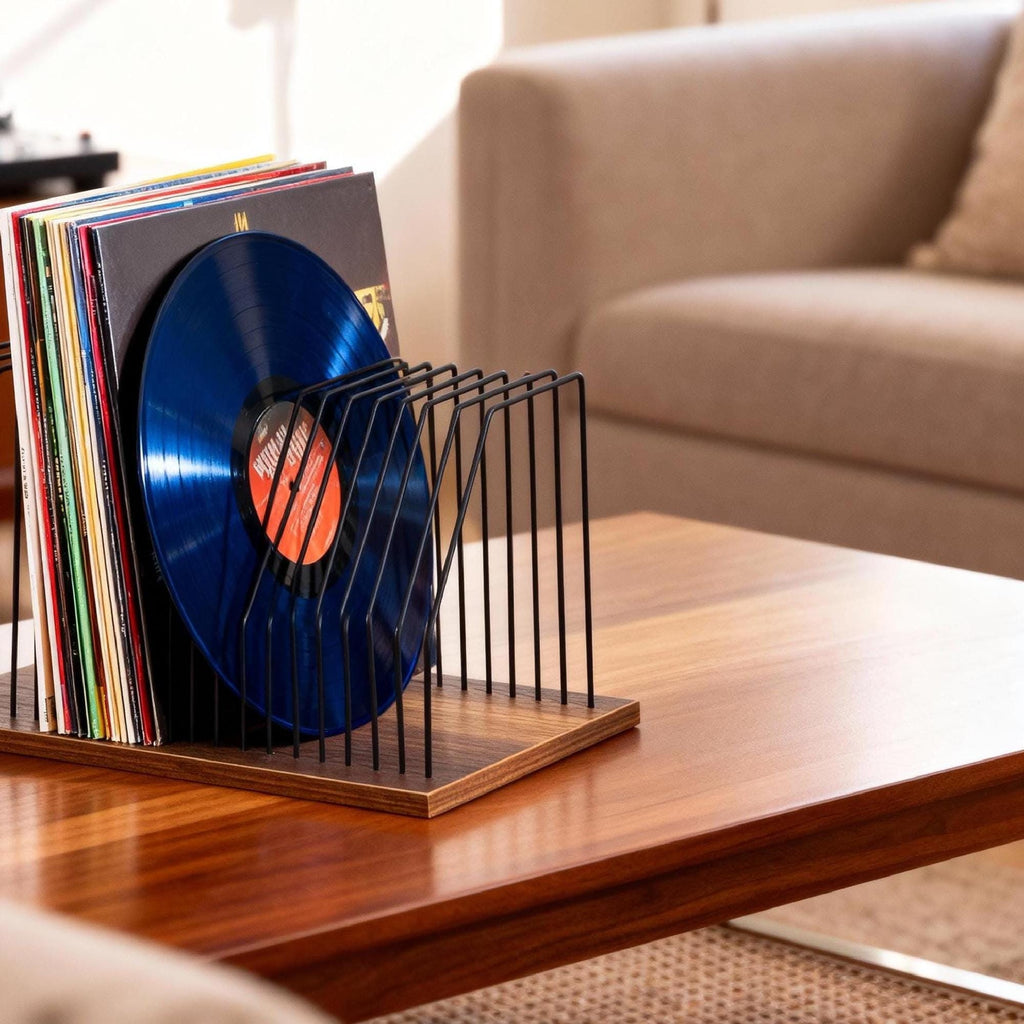 Mid Century Modern Vinyl Record Stand: Wood Base Metal LP Holder