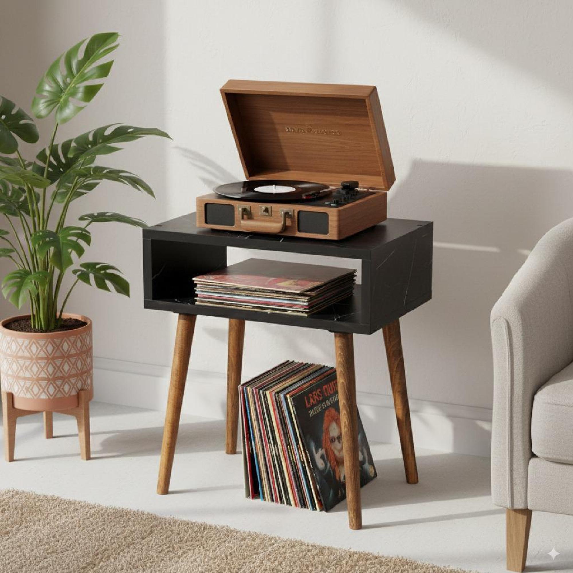 Compact Record stand, Black marble top, Wood legs