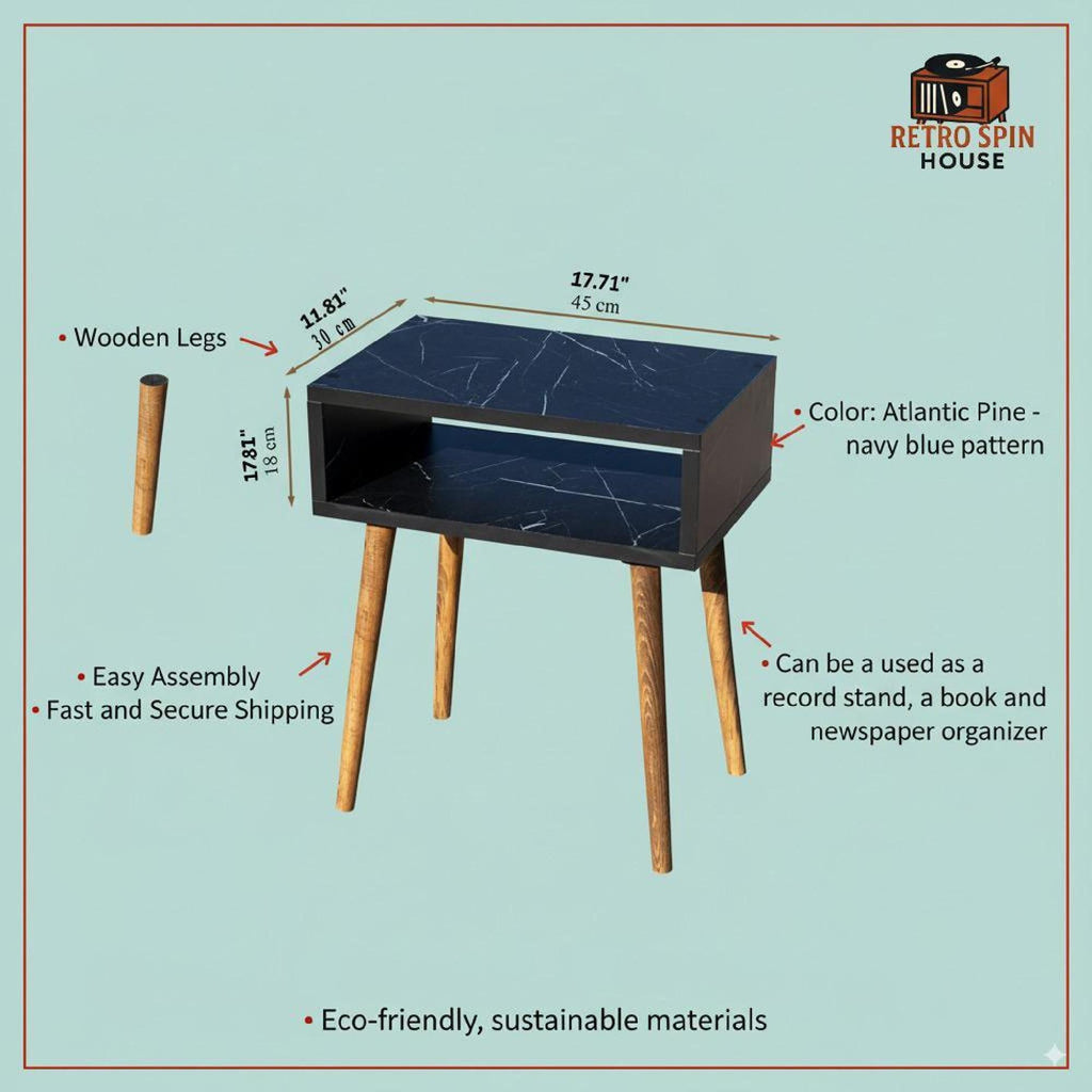 Compact Record stand, Black marble top, Wood legs