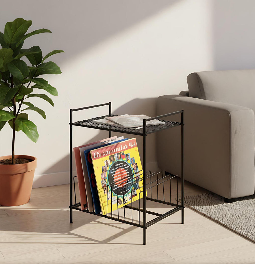 Black Metal Record Player Stand: Industrial Chic Vinyl Storage.