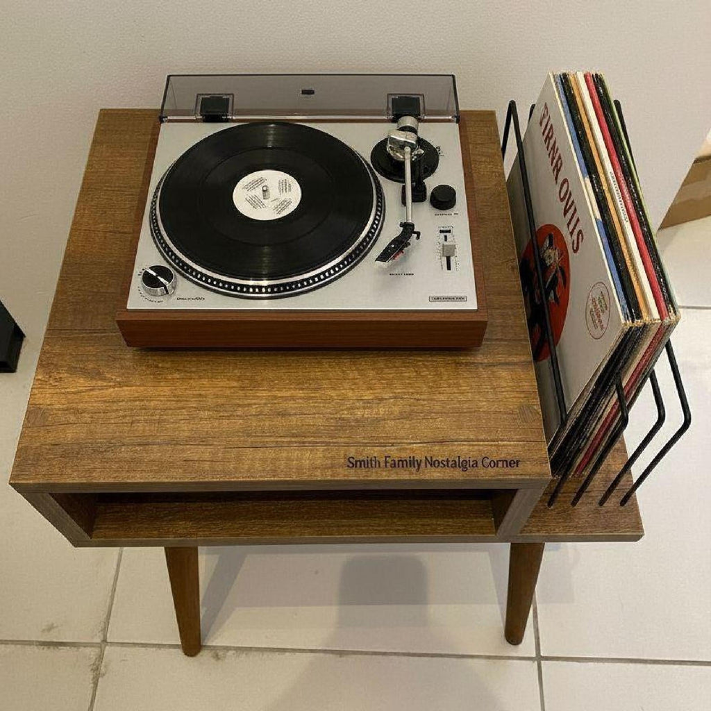 Personalized Mid Century Modern Record Stand, Engraved Baroque Wood Vinyl Storage, custom lp shelf.