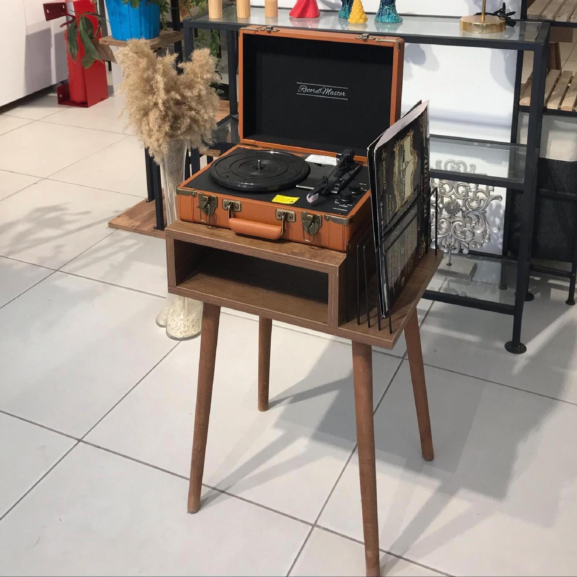 Personalized Mid Century Modern Record Stand, Engraved Baroque Wood Vinyl Storage, custom lp shelf.