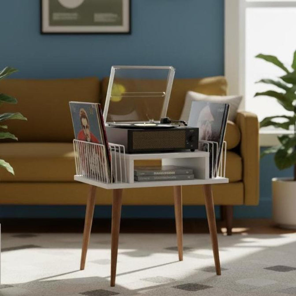 Handmade Mid-Century Modern White Record Player Stand: Vinyl Storage, lp holder wood metal.