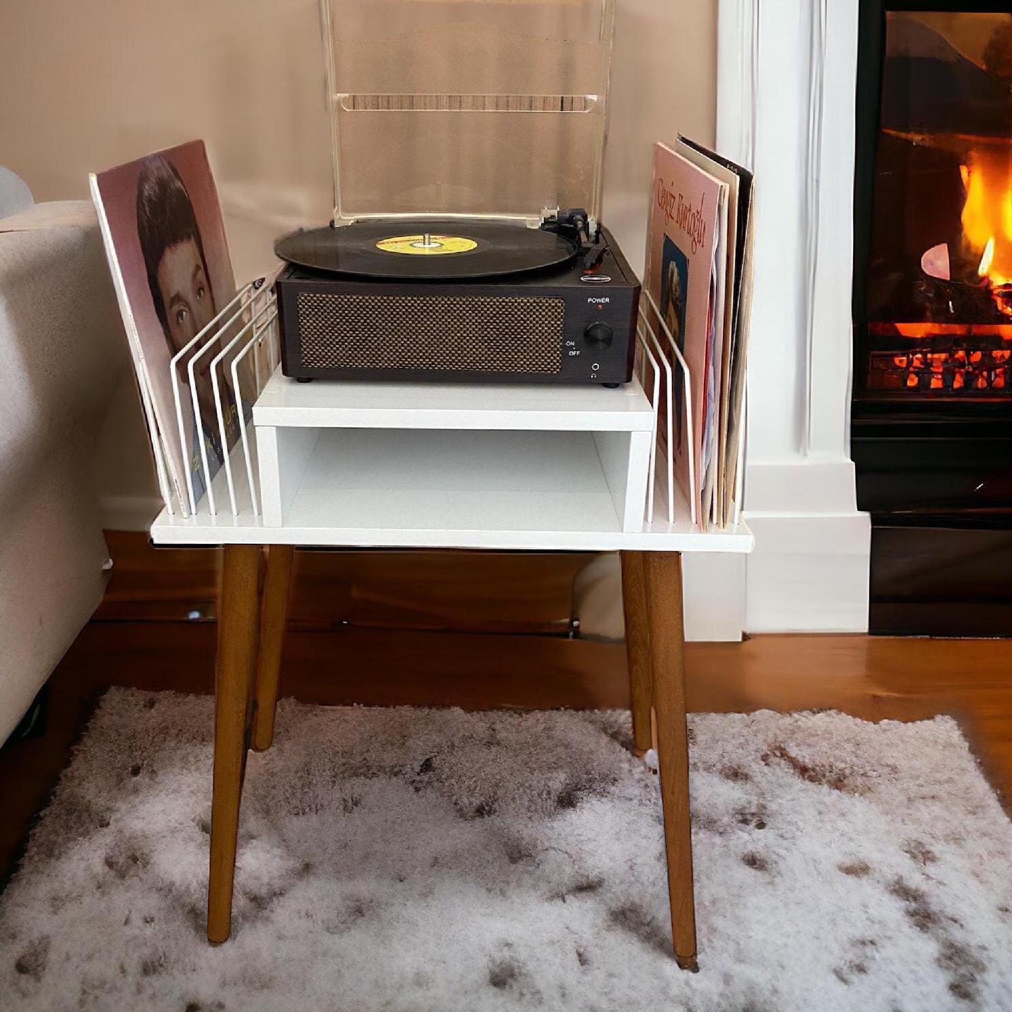 Handmade Mid-Century Modern White Record Player Stand: Vinyl Storage, lp holder wood metal.