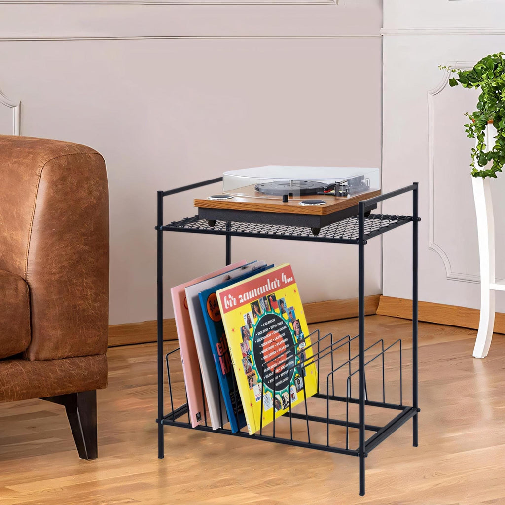 Black Metal Record Player Stand: Industrial Chic Vinyl Storage.