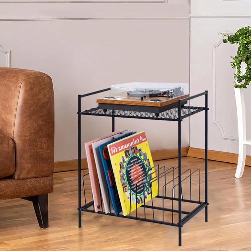 Black Metal Record Player Stand: Industrial Chic Vinyl Storage.