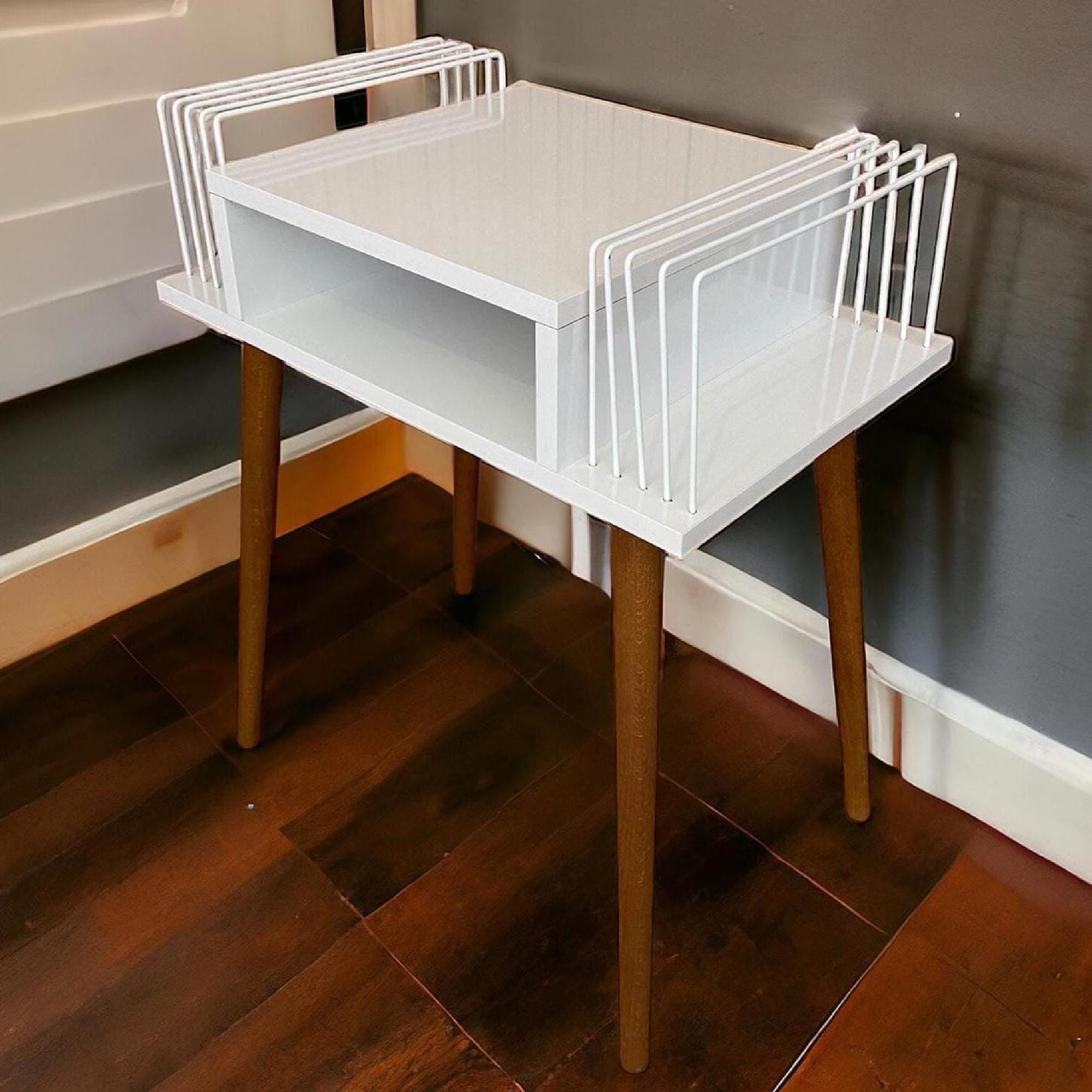 Handmade Mid-Century Modern White Record Player Stand: Vinyl Storage, lp holder wood metal.