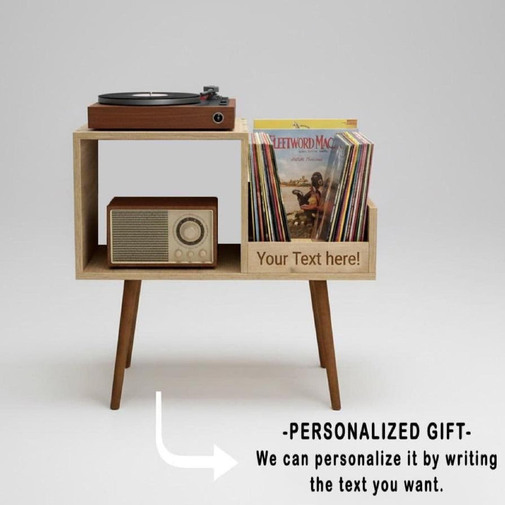 Mid Century Vinyl Record Player Stand, Custom Text LP Storage, vinyl organizer unit.