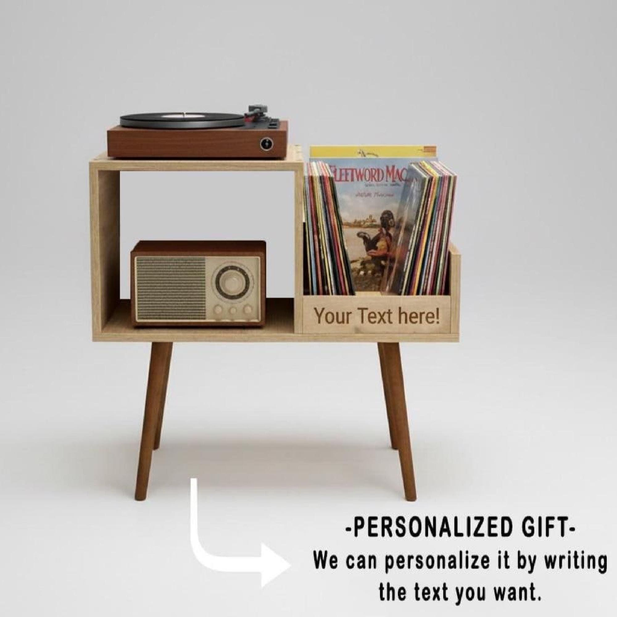 Mid Century Vinyl Record Player Stand, Custom Text LP Storage, vinyl organizer unit.