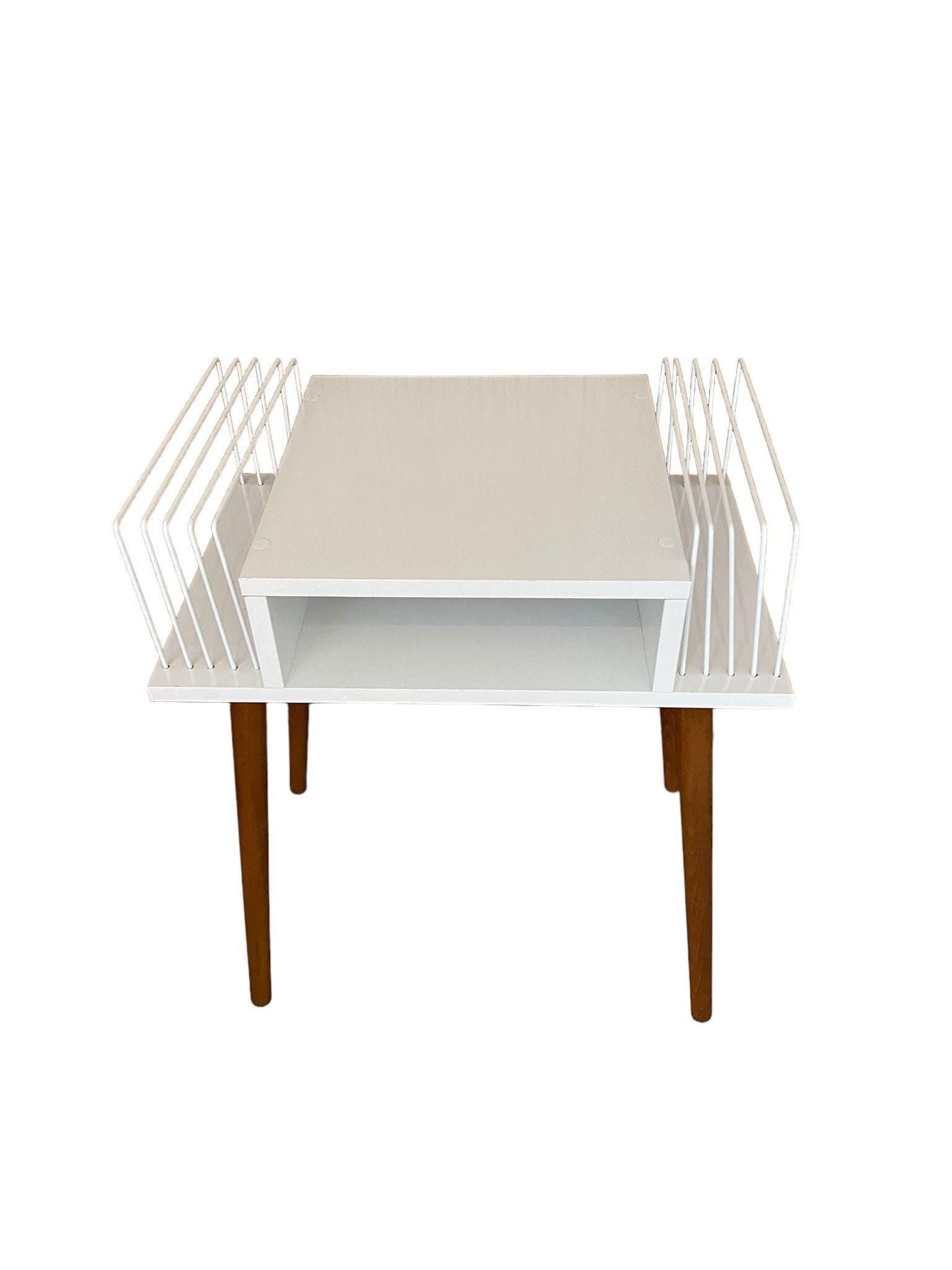 Handmade Mid-Century Modern White Record Player Stand: Vinyl Storage, lp holder wood metal.