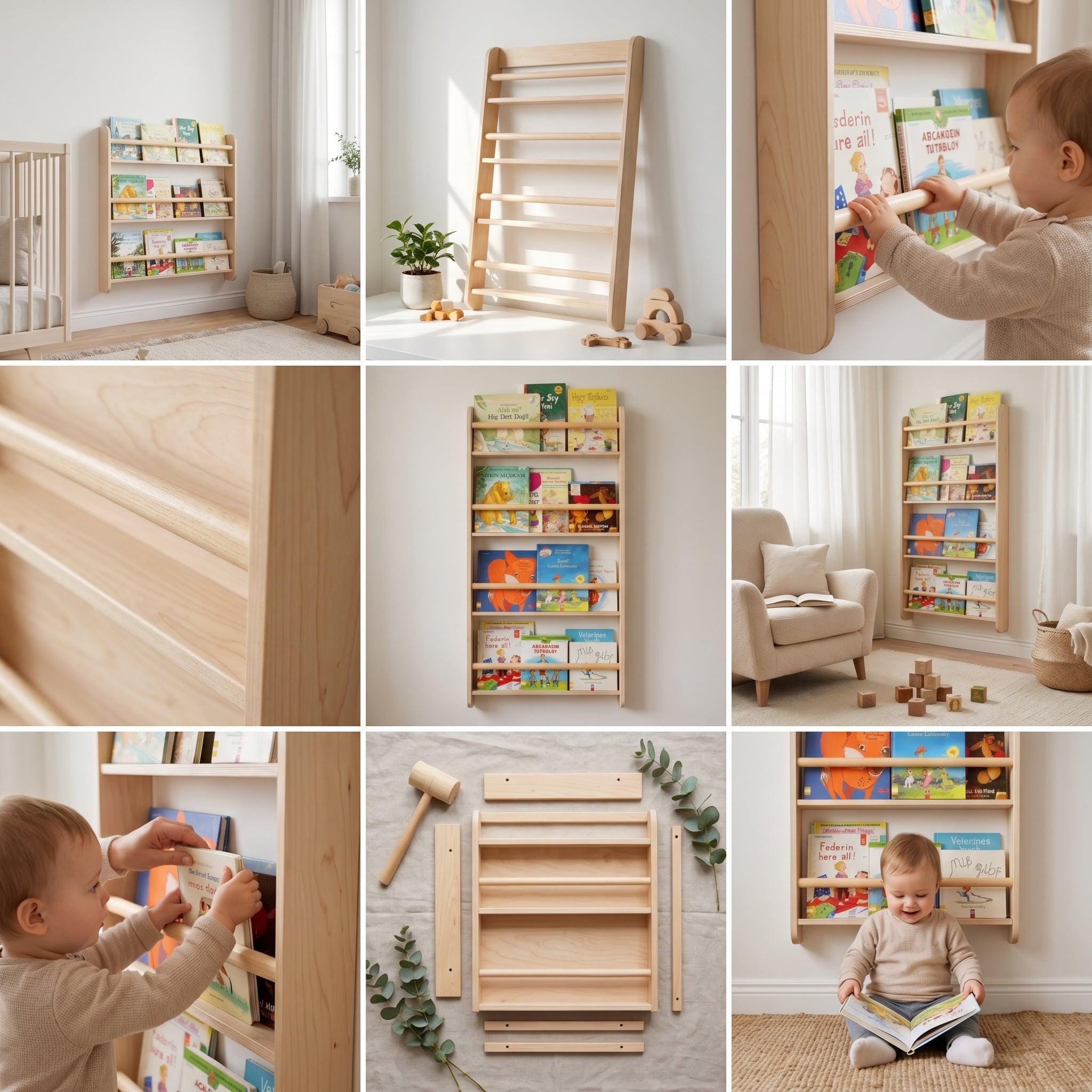 Birch Wood Slim Wall Shelf, Front Facing Books, Triple Record Ledge.