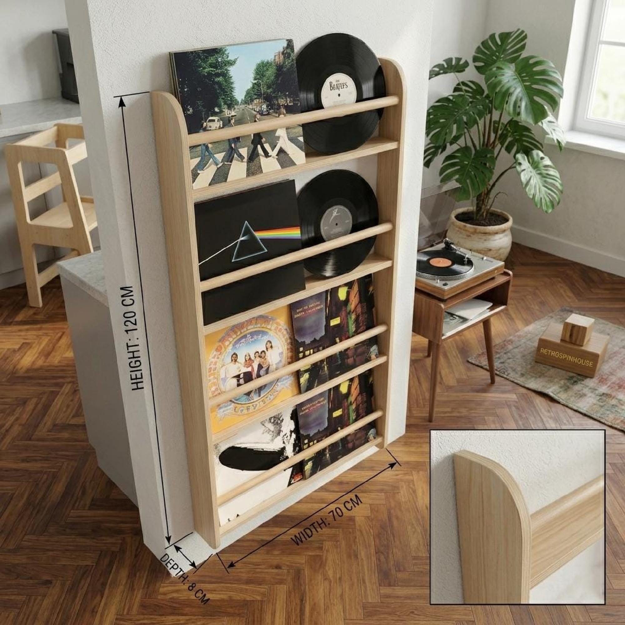 Vinyl Record Wall Shelf Birch Wood LP Display Rack Front Facing Album Storage.