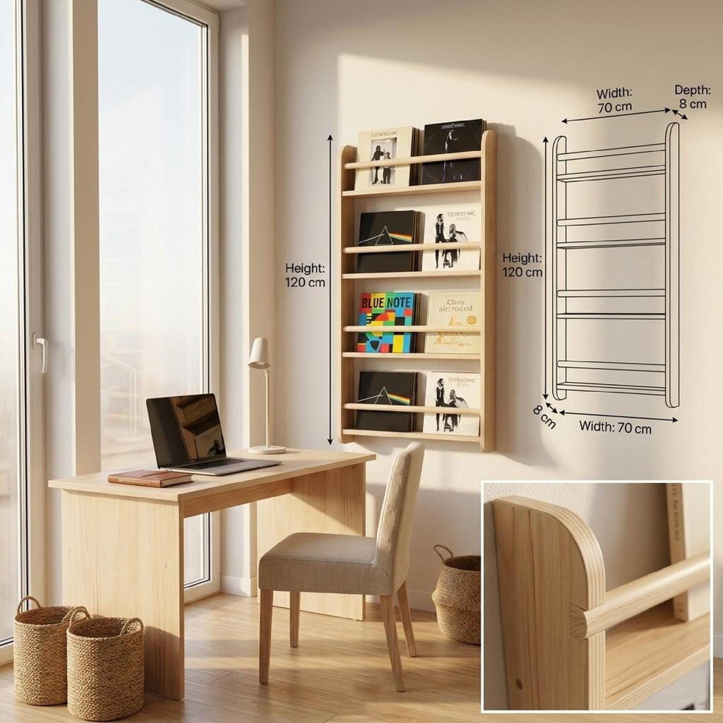 Vinyl Record Wall Shelf Birch Wood LP Display Rack Front Facing Album Storage.