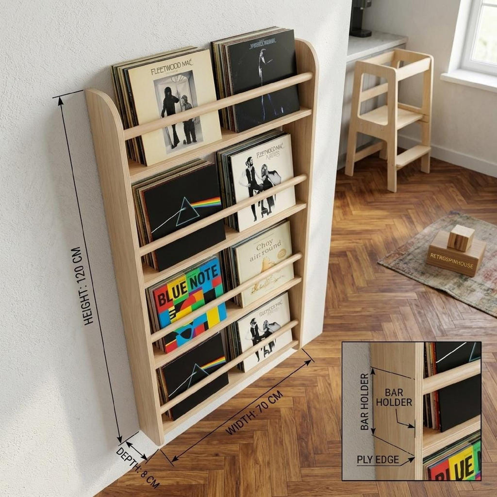 Vinyl Record Wall Shelf Birch Wood LP Display Rack Front Facing Album Storage.