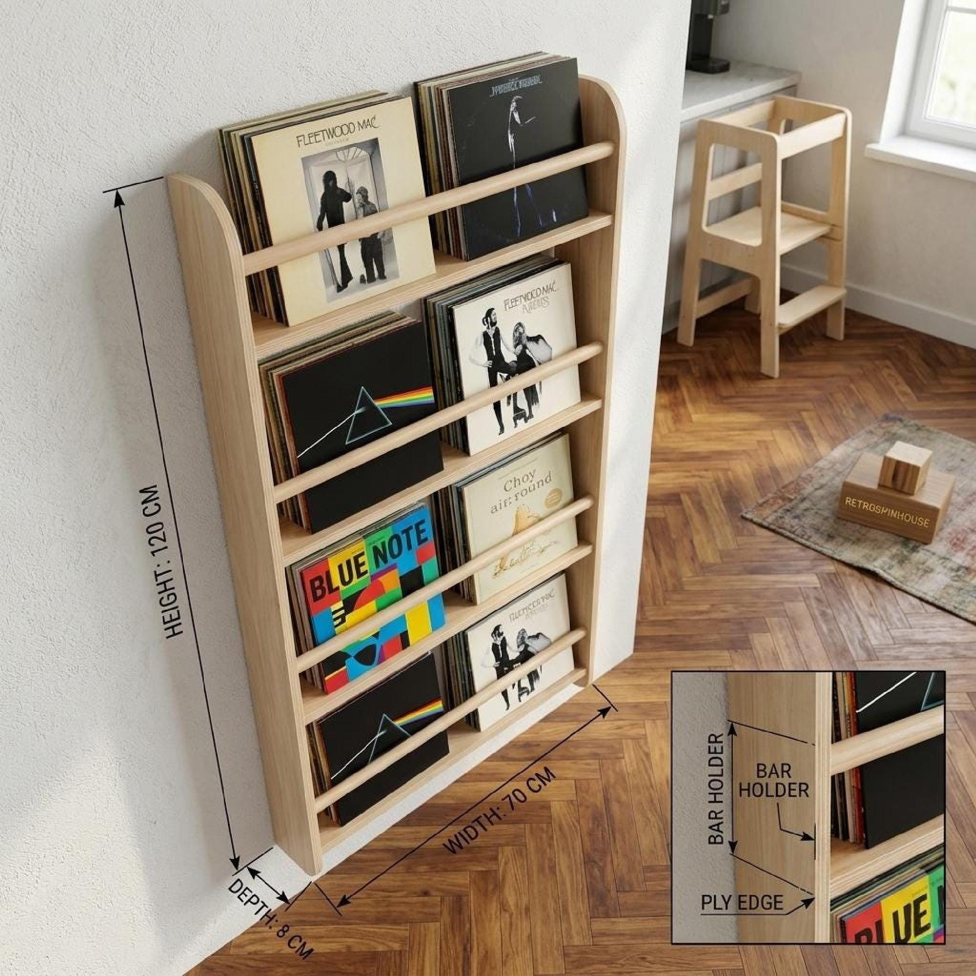 Vinyl Record Wall Shelf Birch Wood LP Display Rack Front Facing Album Storage.