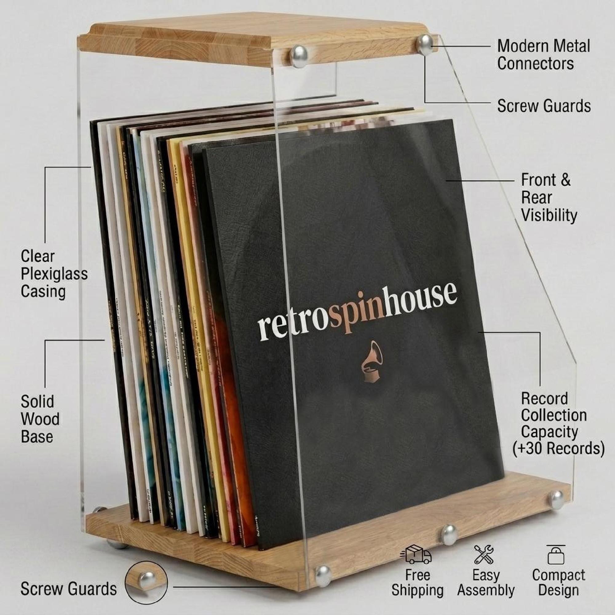 Clear Vinyl Case Desktop Vinyl Box, Solid Wood and Plexiglass LP Holder