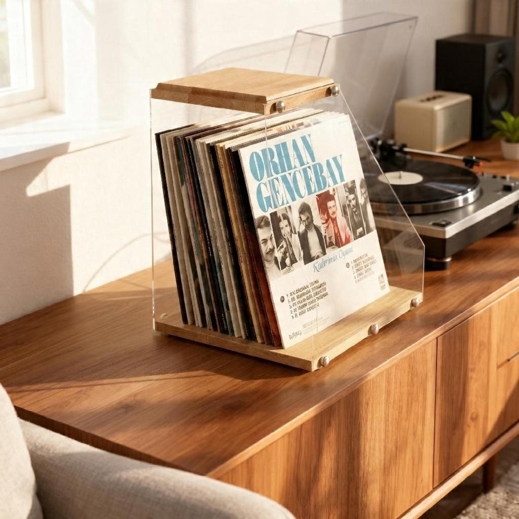 Clear Vinyl Case Desktop Vinyl Box, Solid Wood and Plexiglass LP Holder