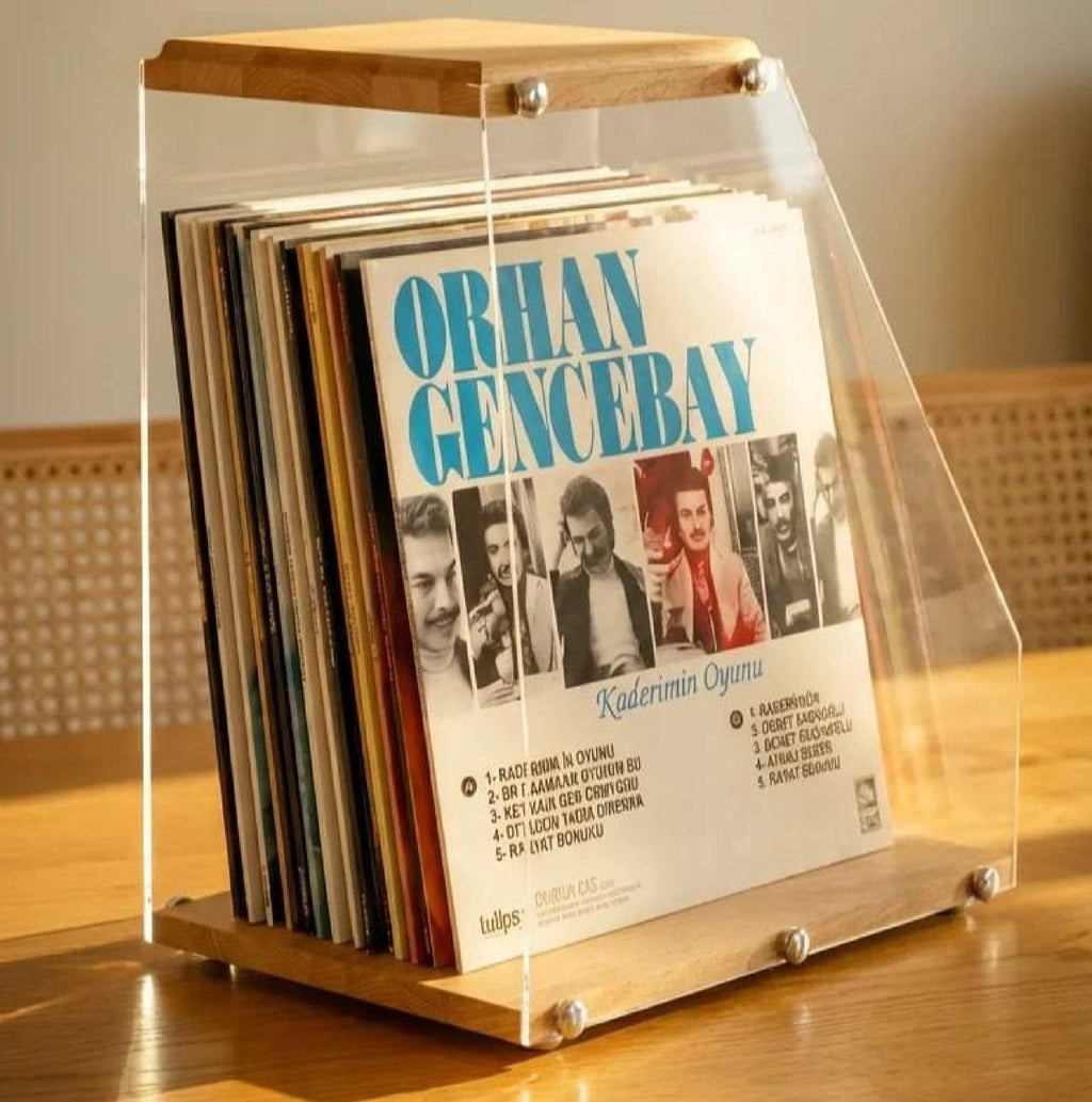 Vinyl record stand, solid wood LP record holder, clear acrylic display