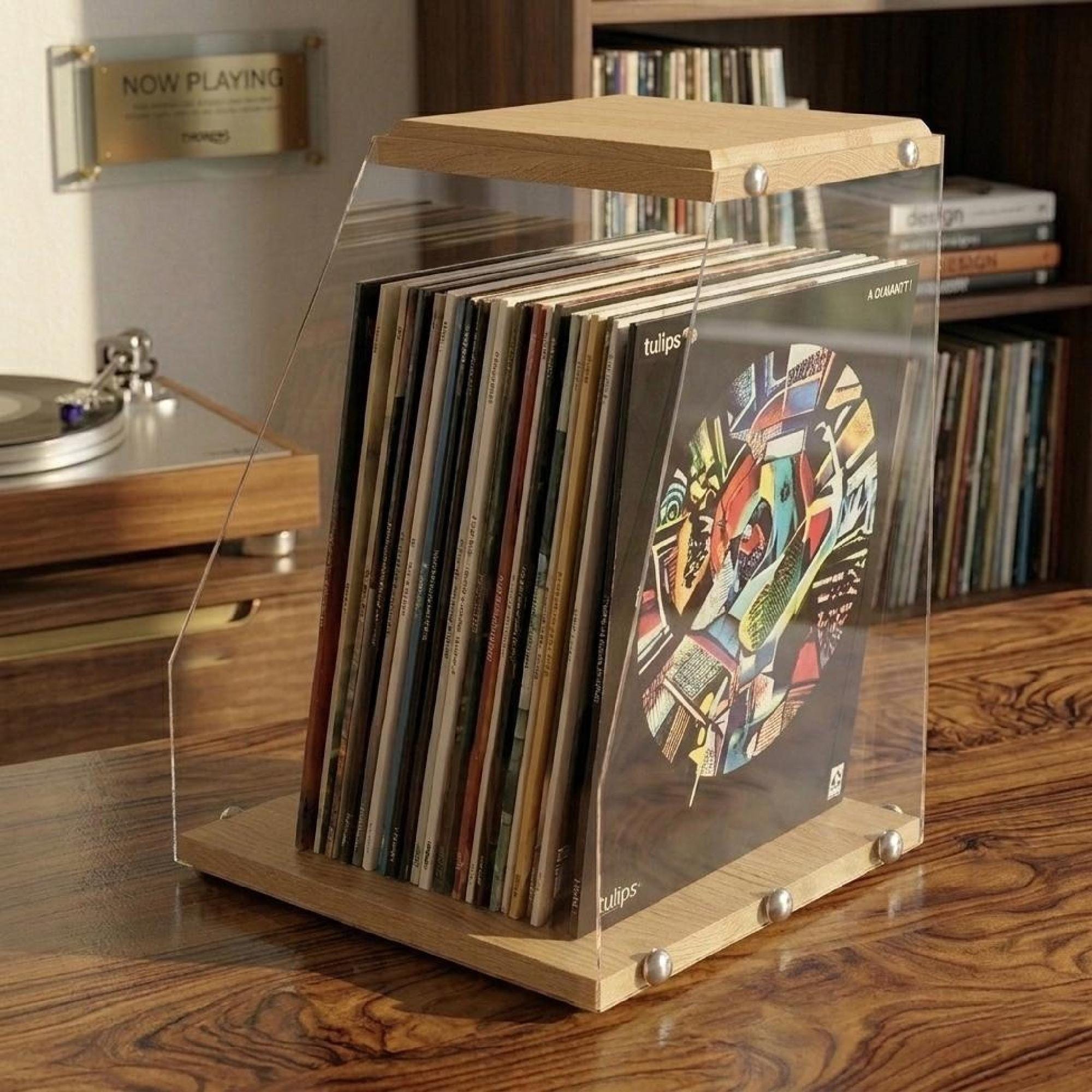 Vinyl record stand, solid wood LP record holder, clear acrylic display