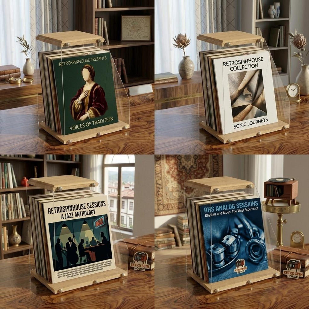 Vinyl record stand, solid wood LP record holder, clear acrylic display