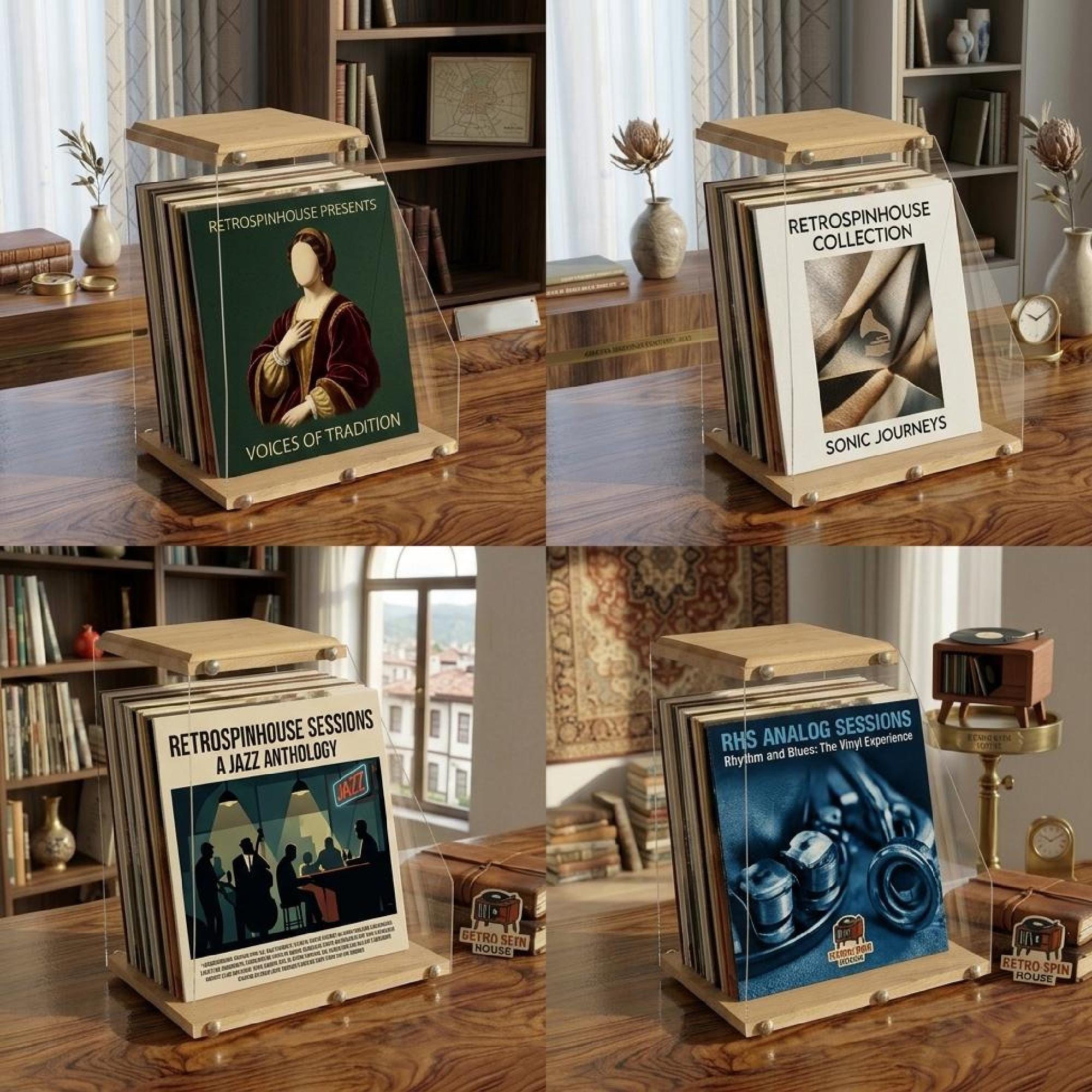 Vinyl record stand, solid wood LP record holder, clear acrylic display