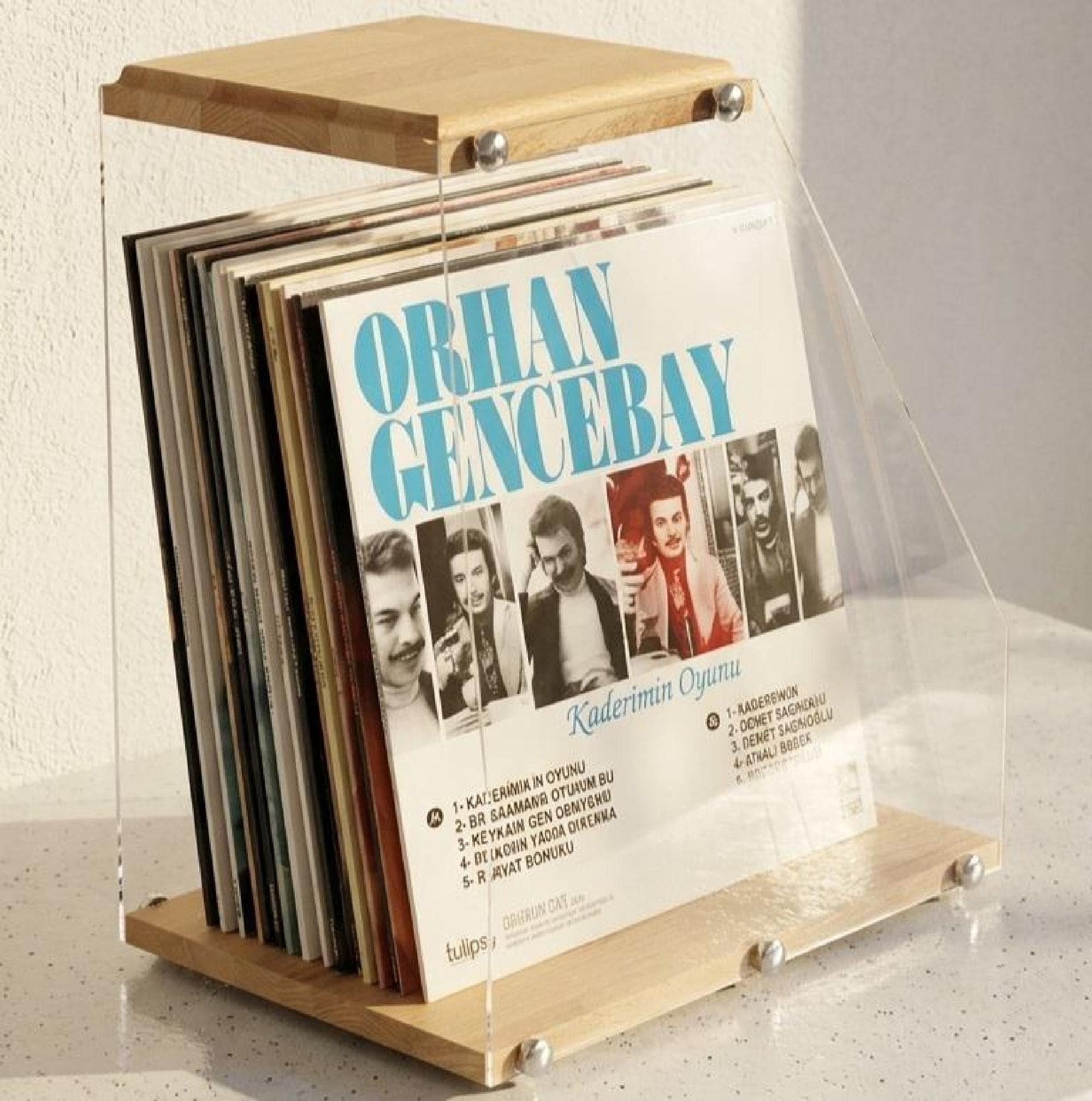 Vinyl record stand, solid wood LP record holder, clear acrylic display