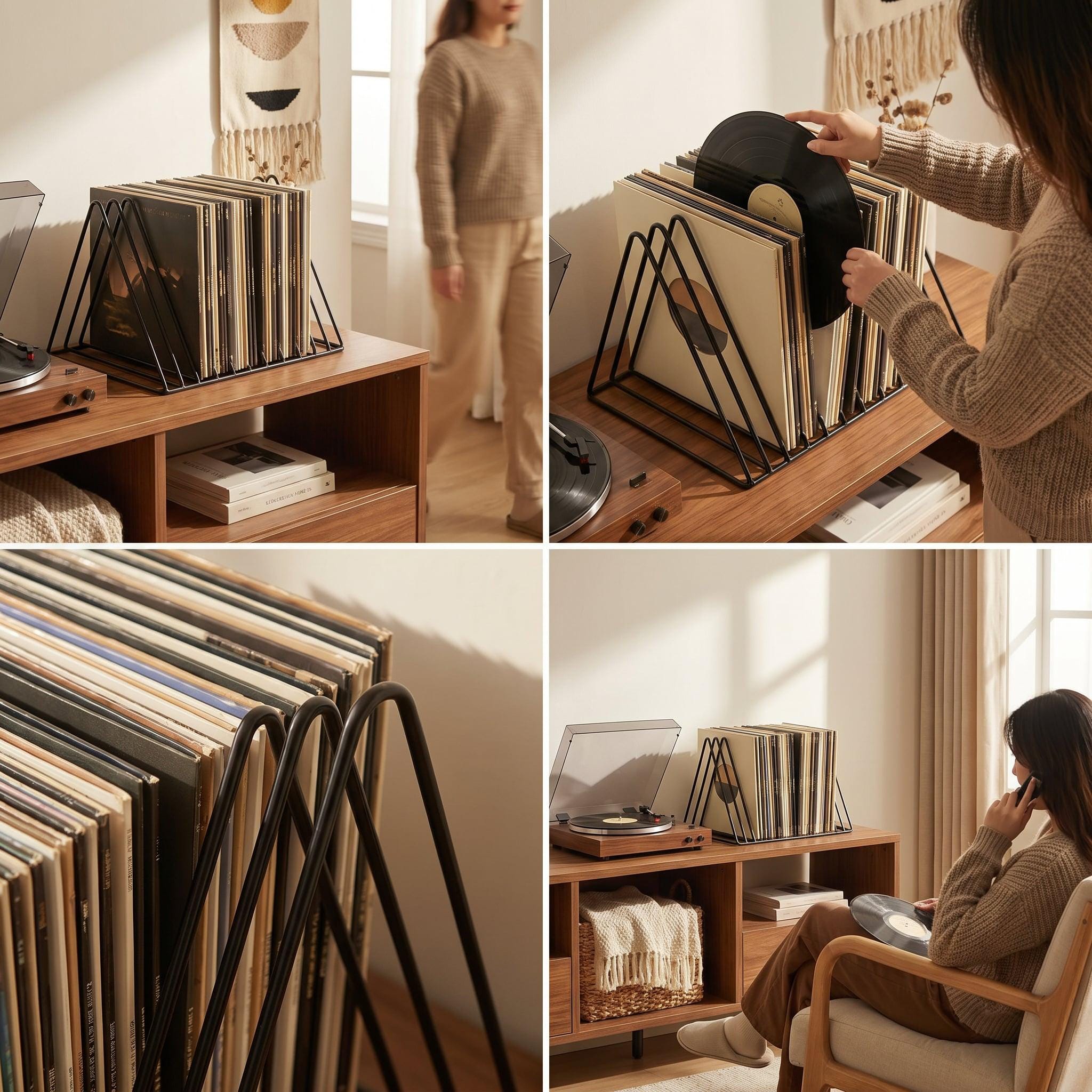 Desktop Record Rack, Black Metal Triangle Vinyl Stand, Minimalist LP Storage