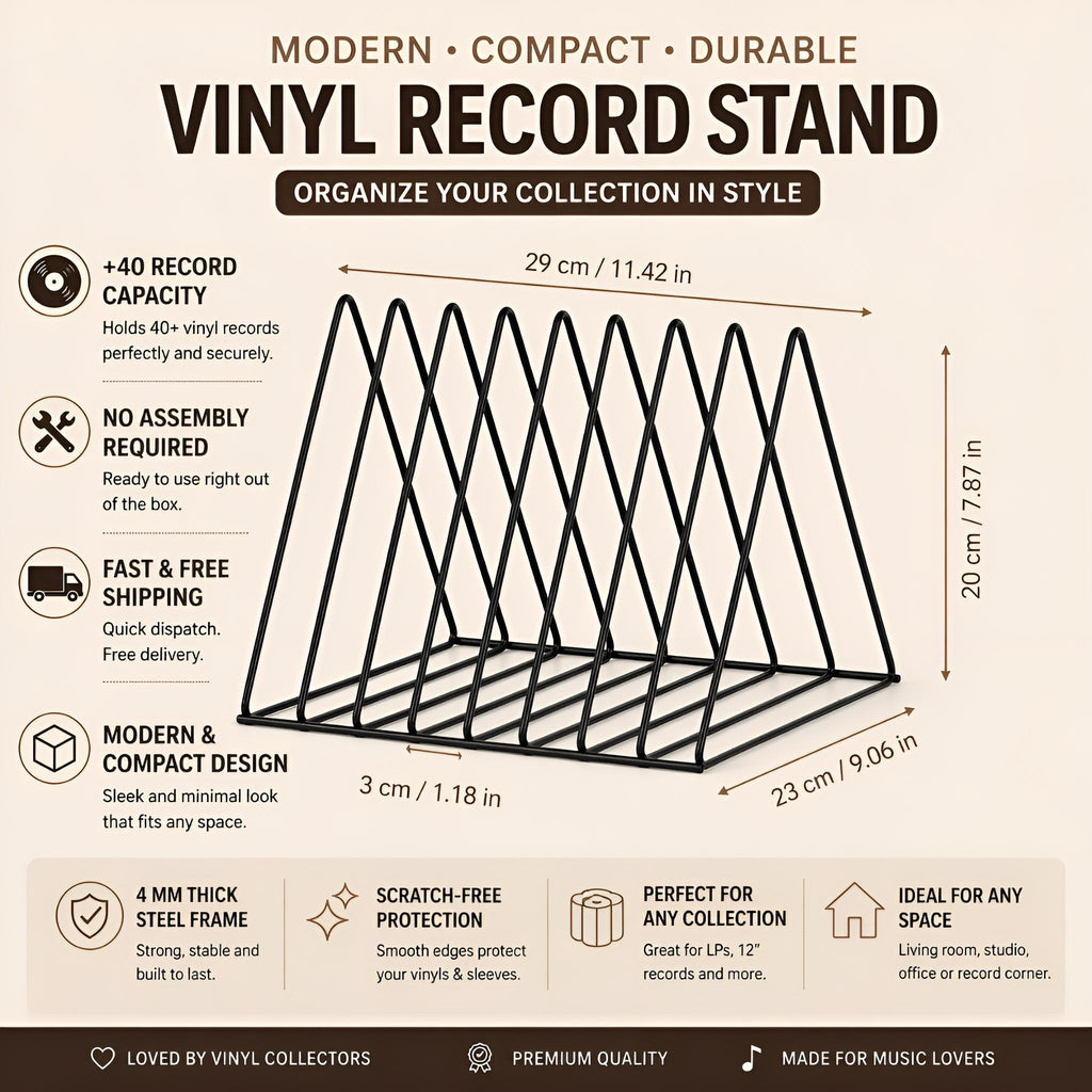 Desktop Record Rack, Black Metal Triangle Vinyl Stand, Minimalist LP Storage