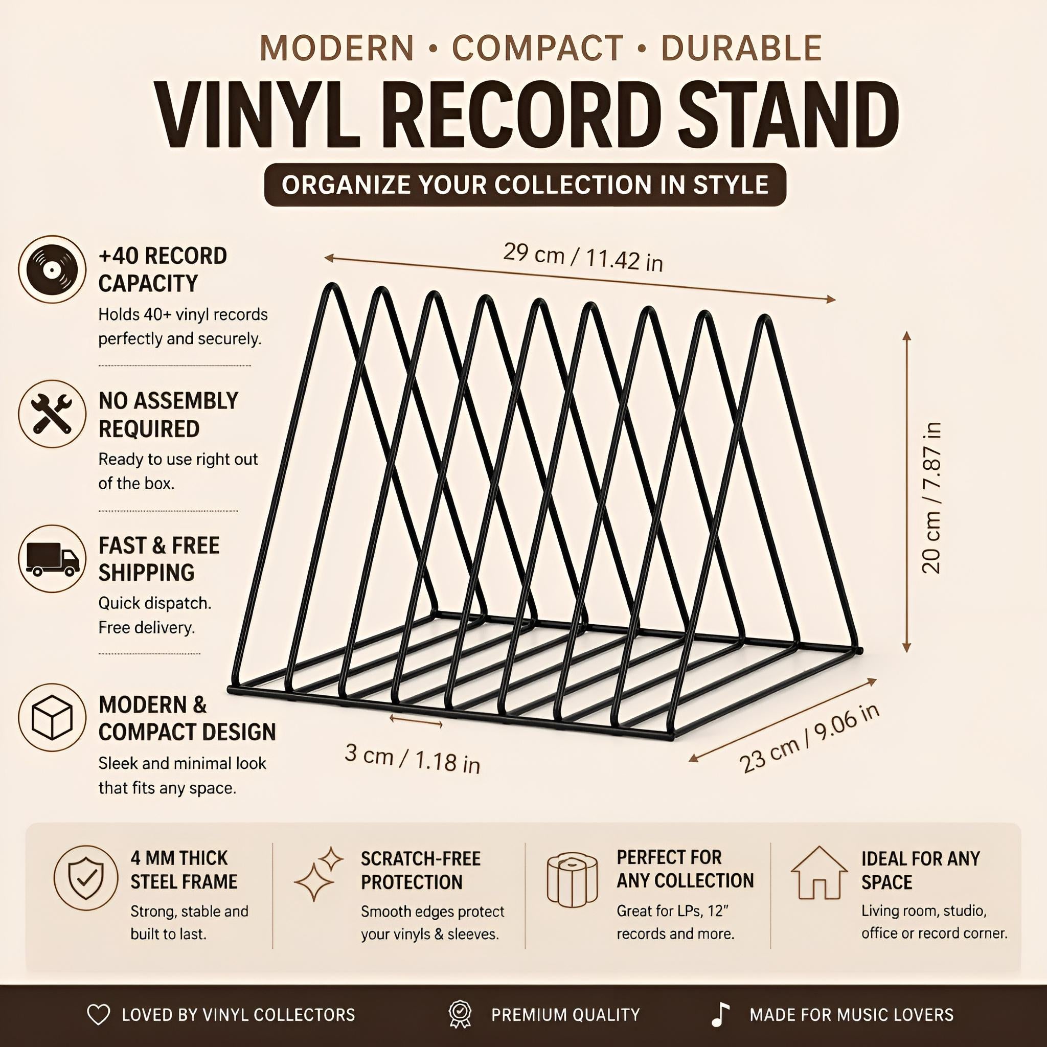 Desktop Record Rack, Black Metal Triangle Vinyl Stand, Minimalist LP Storage