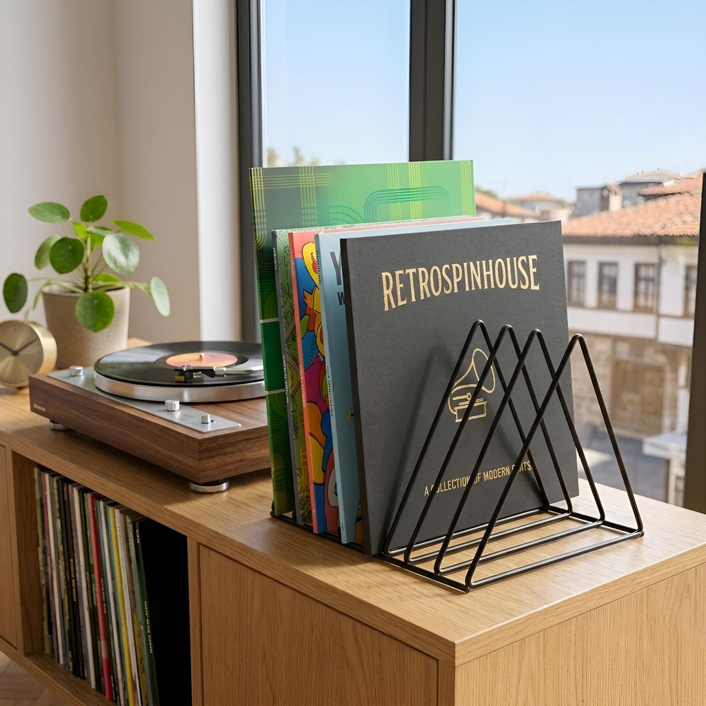 Desktop Record Rack, Black Metal Triangle Vinyl Stand, Minimalist LP Storage