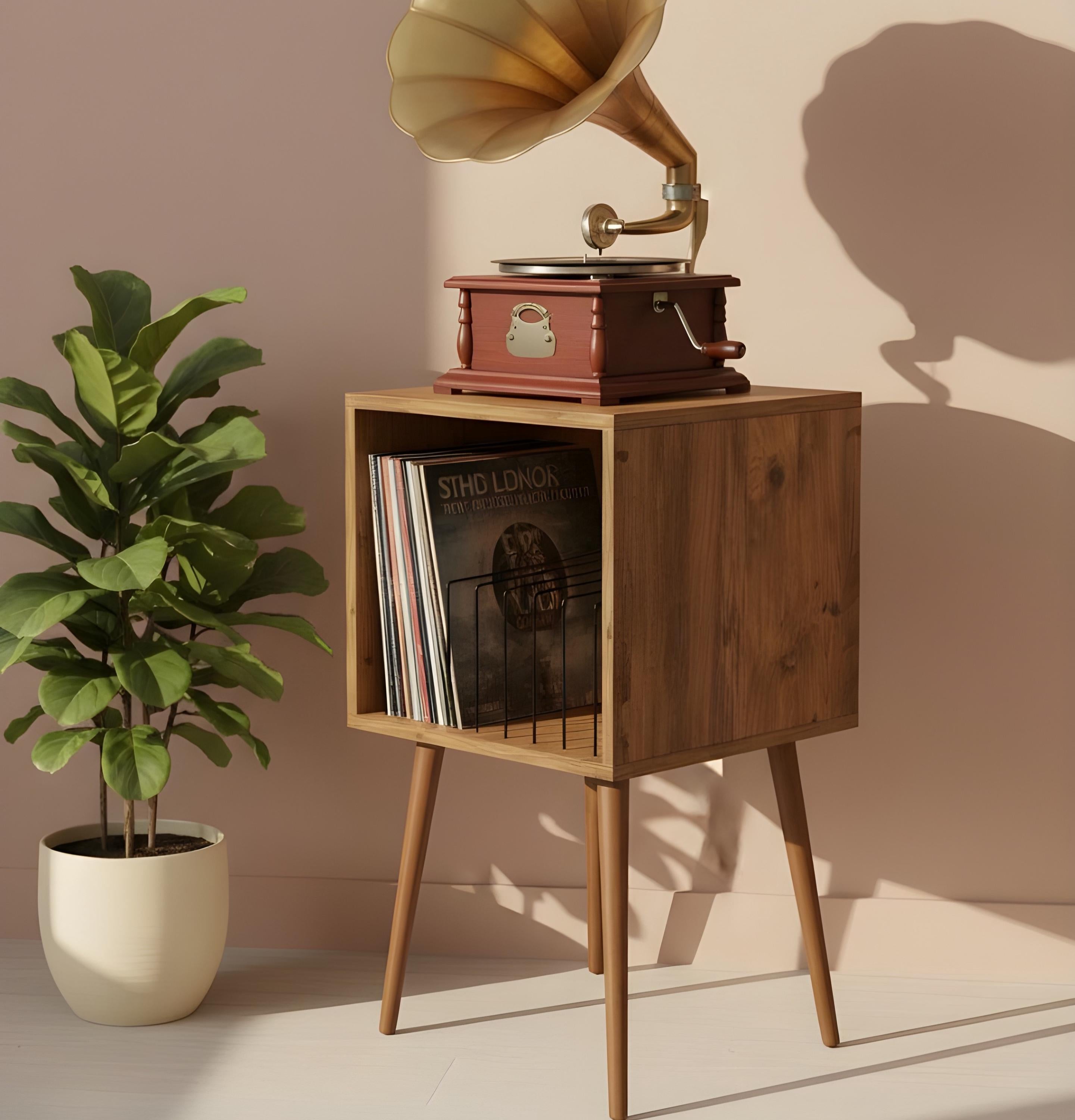 Mid-Century Modern Vinyl Record Stand, LP Turntable Furniture, Retro Record Player Table, Music Lover Gift.
